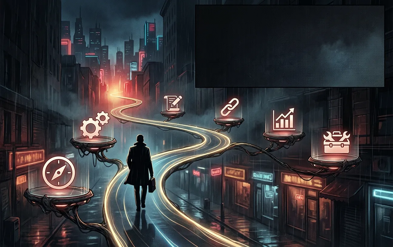 Futuristic cityscape with digital marketing icons for RockN' Socials agency.