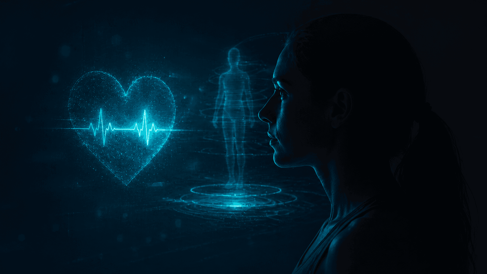 Person holding a phone with a health-related digital visualization on screen.
