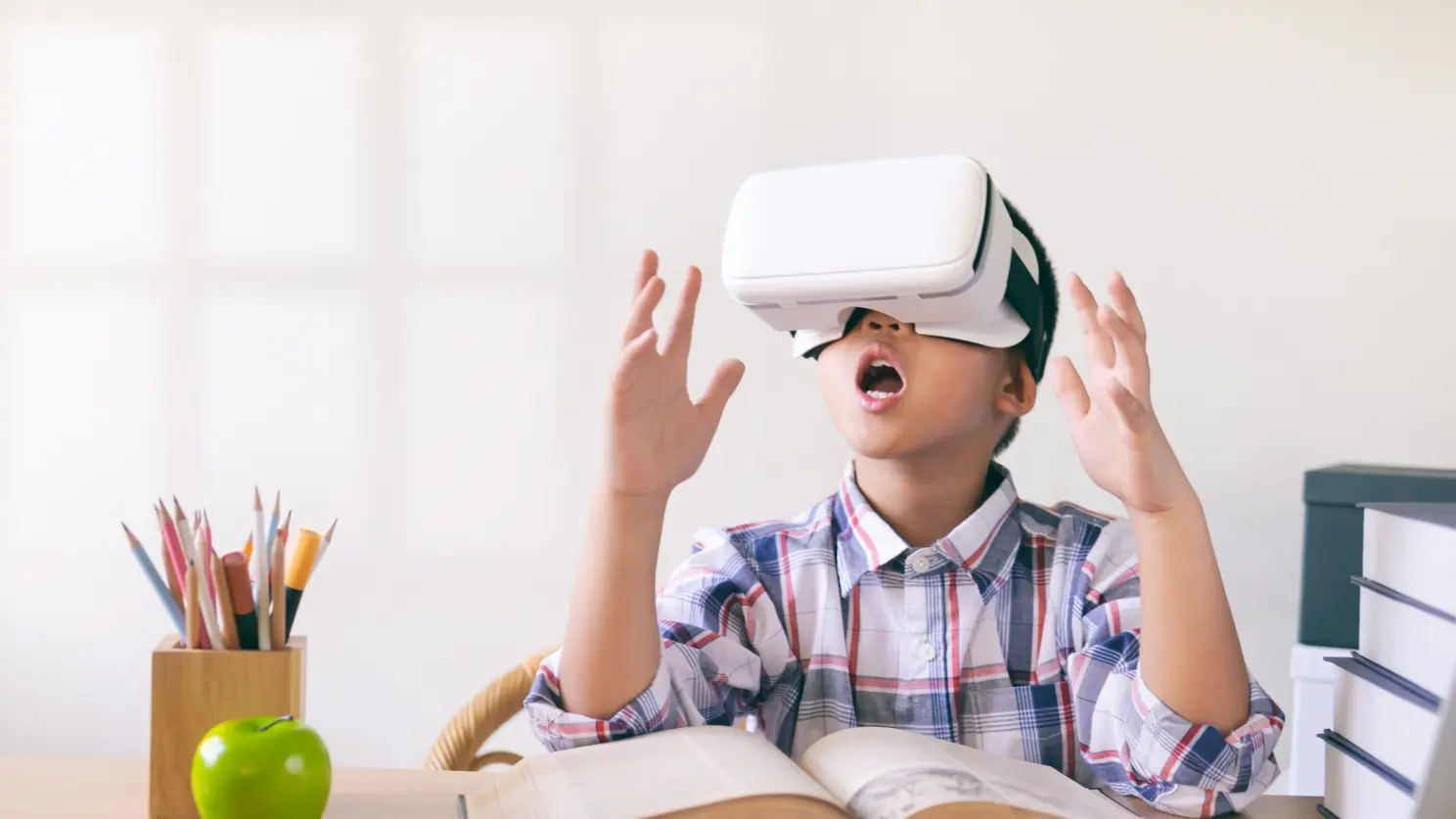 School kid studying using VR, image