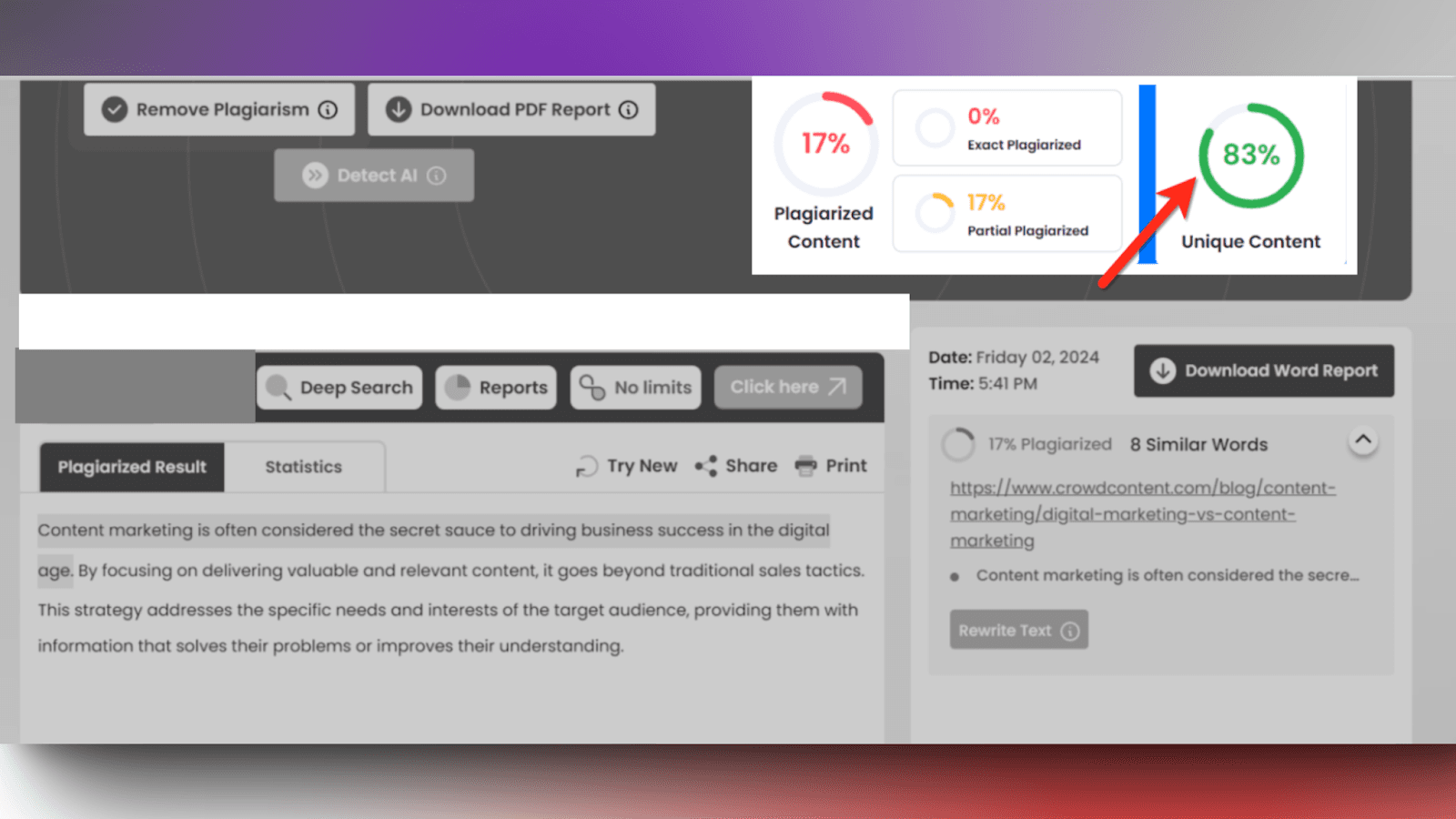 AI Article Spinner - Plagiarism score