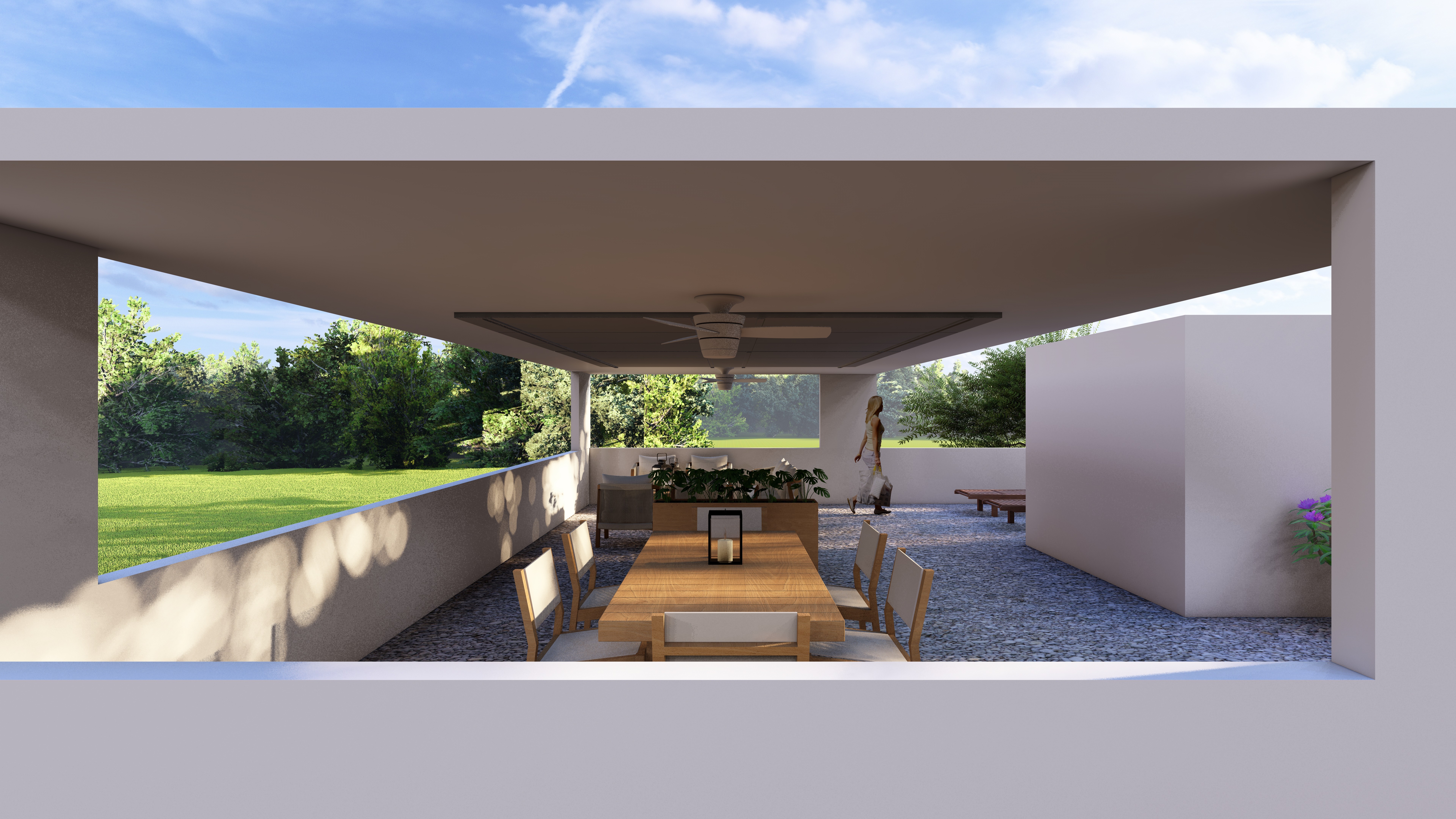 Minimalist living space featuring oak flooring, timber wall panels and panoramic windows with natural light.