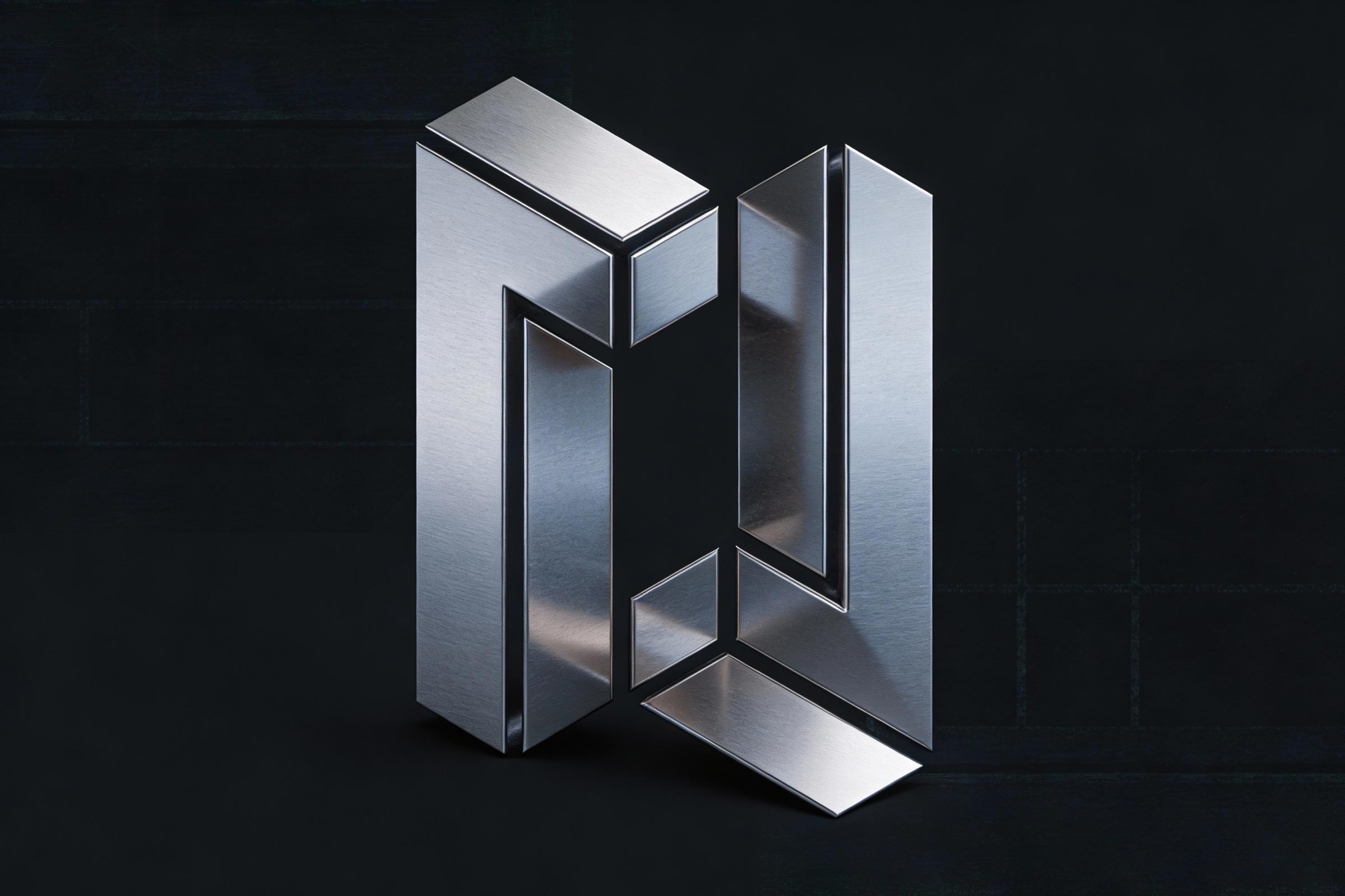 Das knallig orangene und geometrische Logo von Haußmann Montagebau auf einem stählern, blauen Hintergrund.