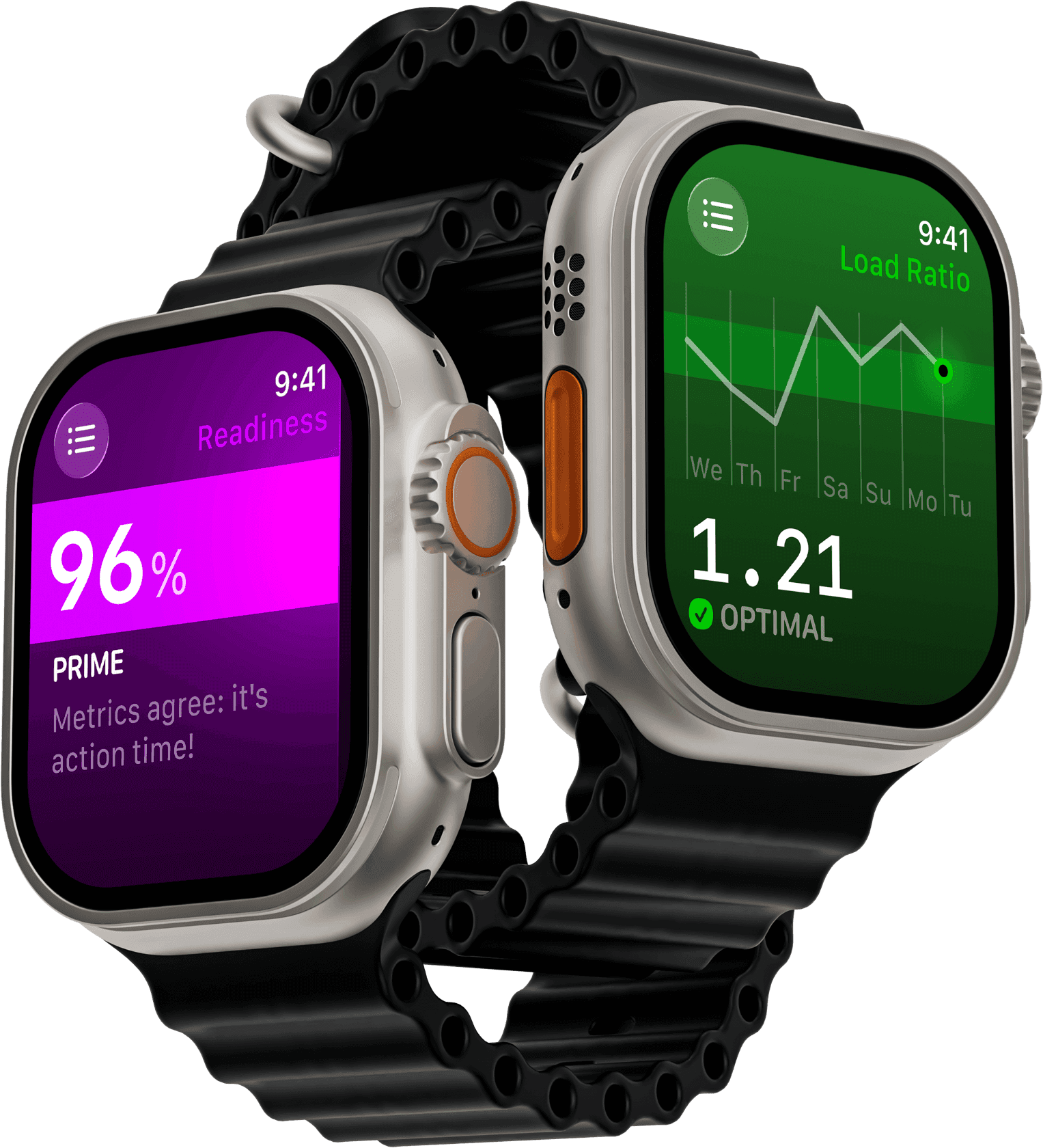 The Outsiders Apple Watch app complications for training and recovery tracking. Watch face shows Training Readiness at 96% (prime), training load ratio 0.84 (optimal), sleep duration 8h 39min (good), sleeping heart rate 45 bpm (low), blood oxygen 97% (normal), respiratory rate 11.5 br/min (normal), wrist temperature 36.3°C (normal), and HRV 52ms (elevated). Designed for cyclists, runners, and endurance athletes to monitor daily readiness and recovery metrics.