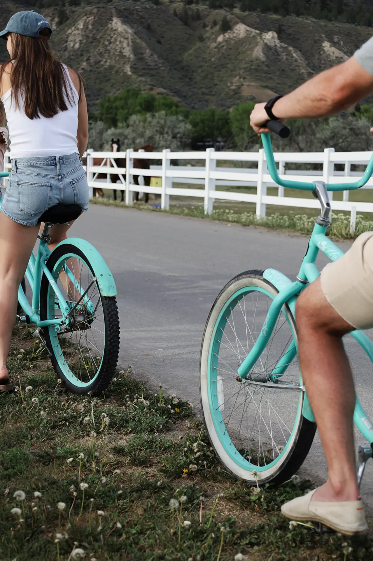 Two people on teal bicycles stopped on the side of a road with a white fence and mountainous background.