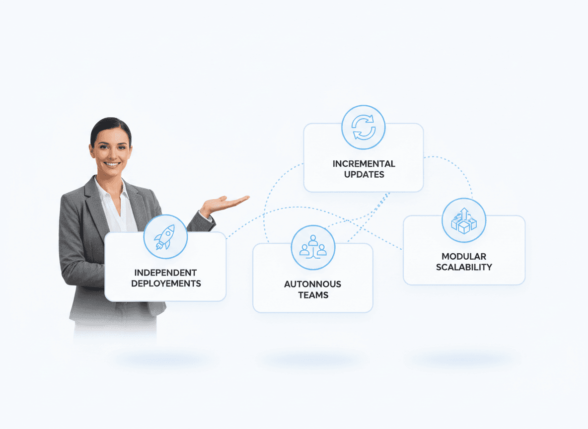 “Floating cards showing micro-frontend benefits like independent deployments, incremental updates, autonomous teams, and modular scalability for modern web applications.”