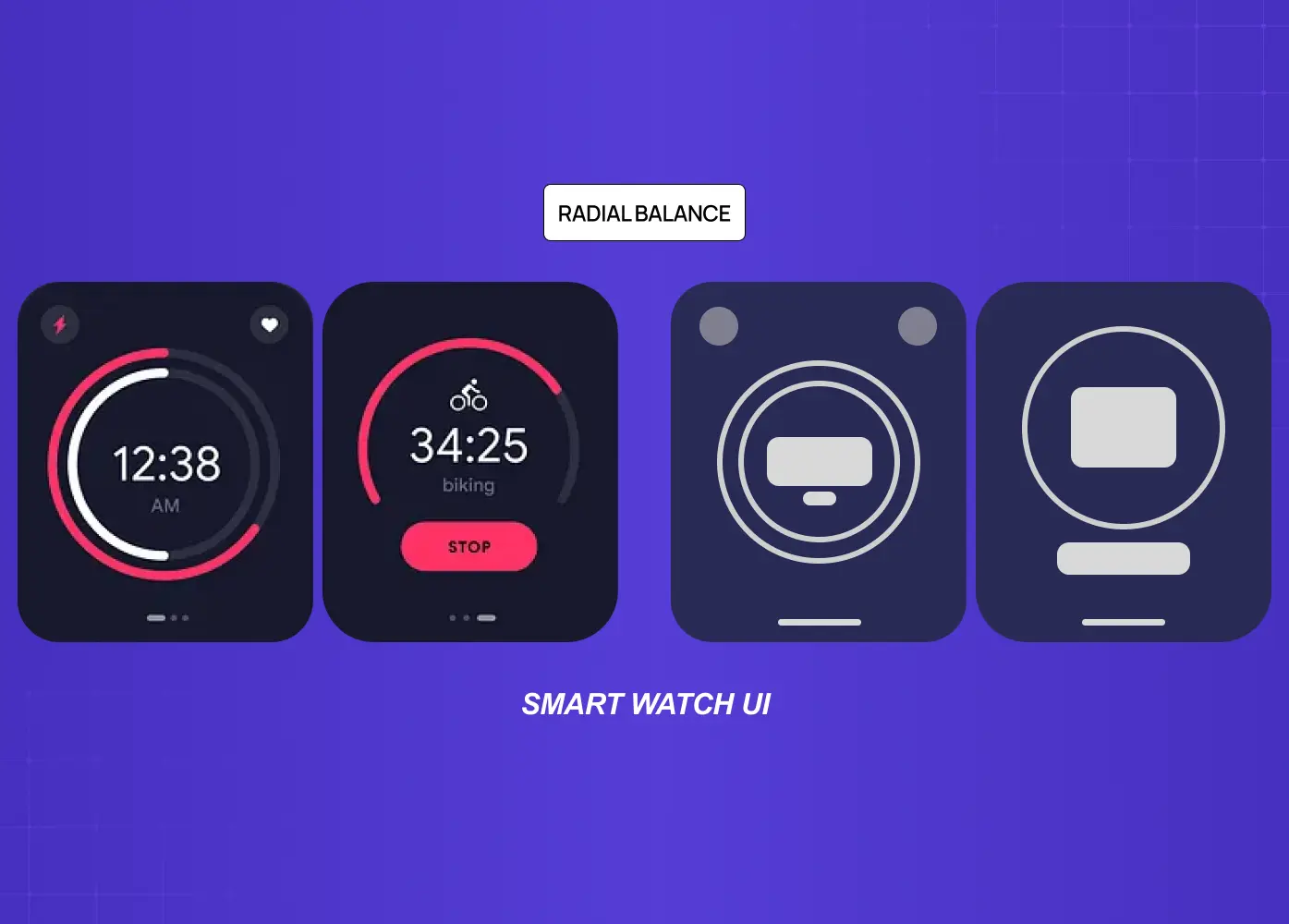 Smartwatch interface designs demonstrating radial balance, where visual elements are arranged around a central focal point to create a sense of harmony and focus.
