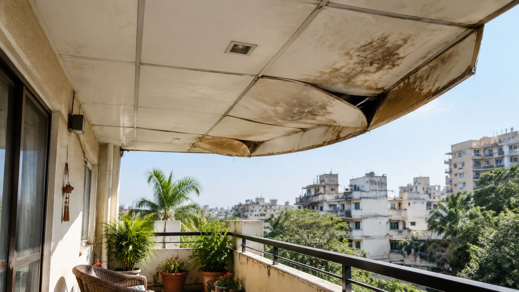 A weathered outdoor balcony with a damaged and peeling false ceiling overlooking a city landscape.