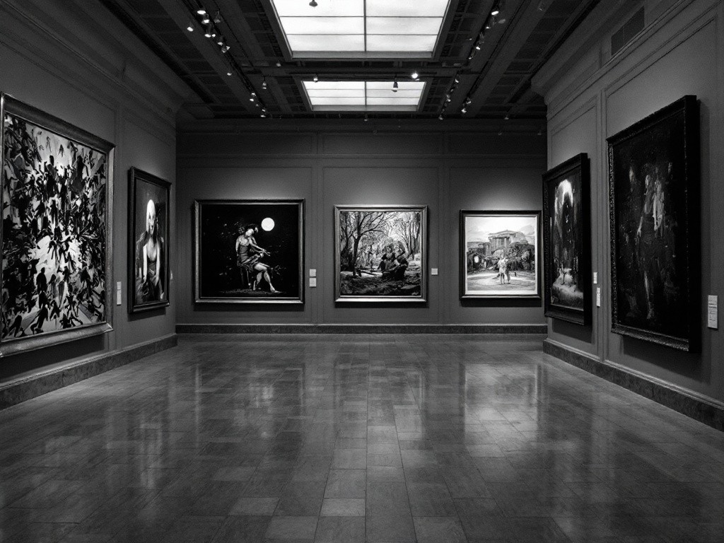 A black and white photo of an art gallery with paintings on the walls