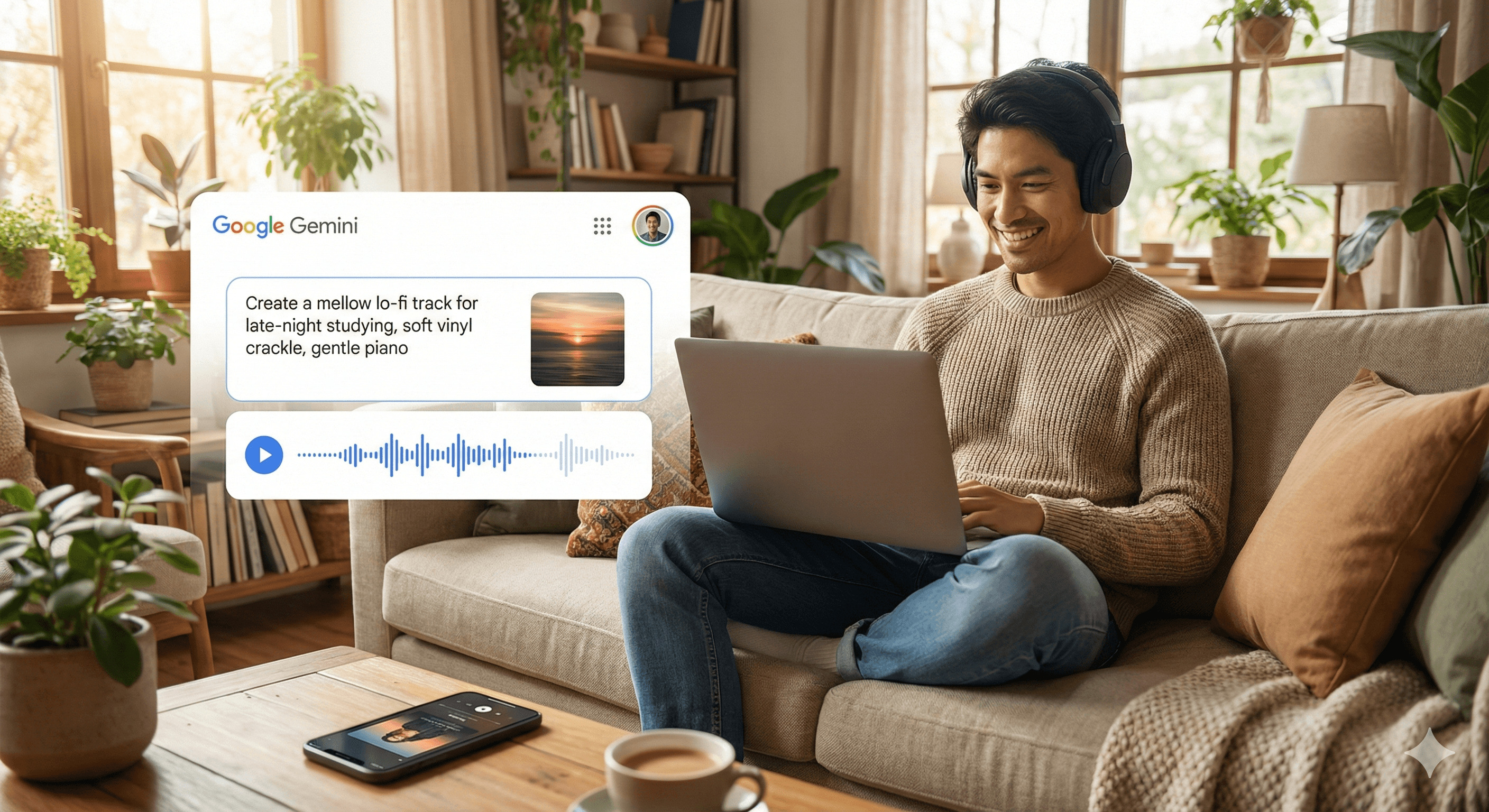 A person wearing headphones works on a laptop in a cozy living room with modern decor, using Gemini: Lyria 3 to transform creative prompts into music tracks, while a phone on the table displays a music app interface.