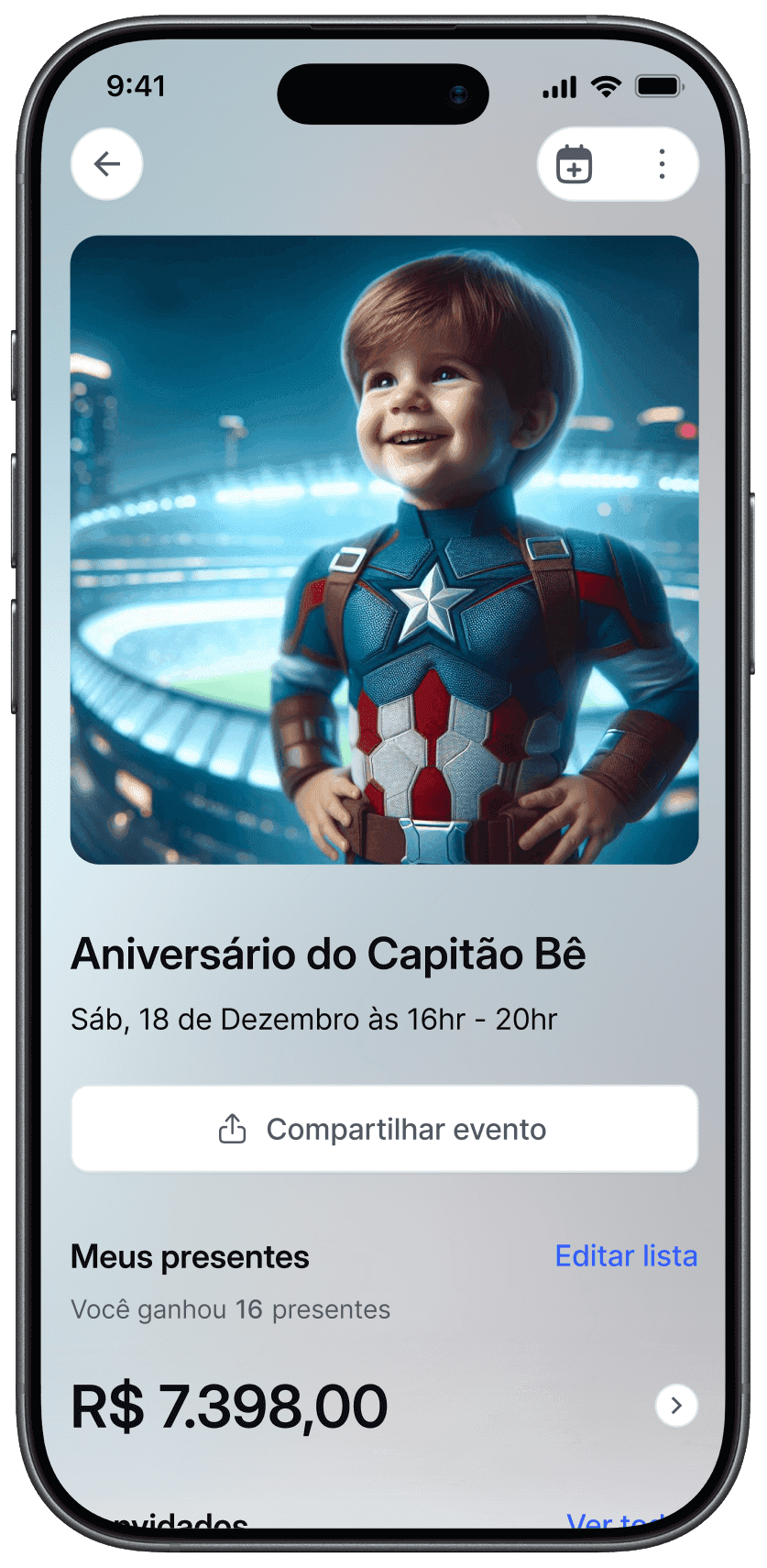 Página de evento infantil com convite digital e controle de presentes recebidos no app Dona