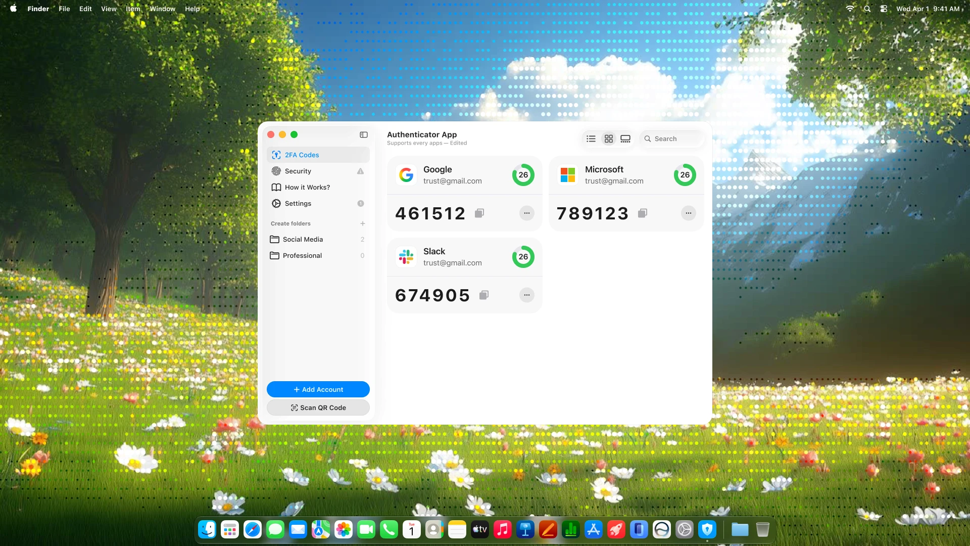 Authenticator app interface for managing two-factor authentication codes