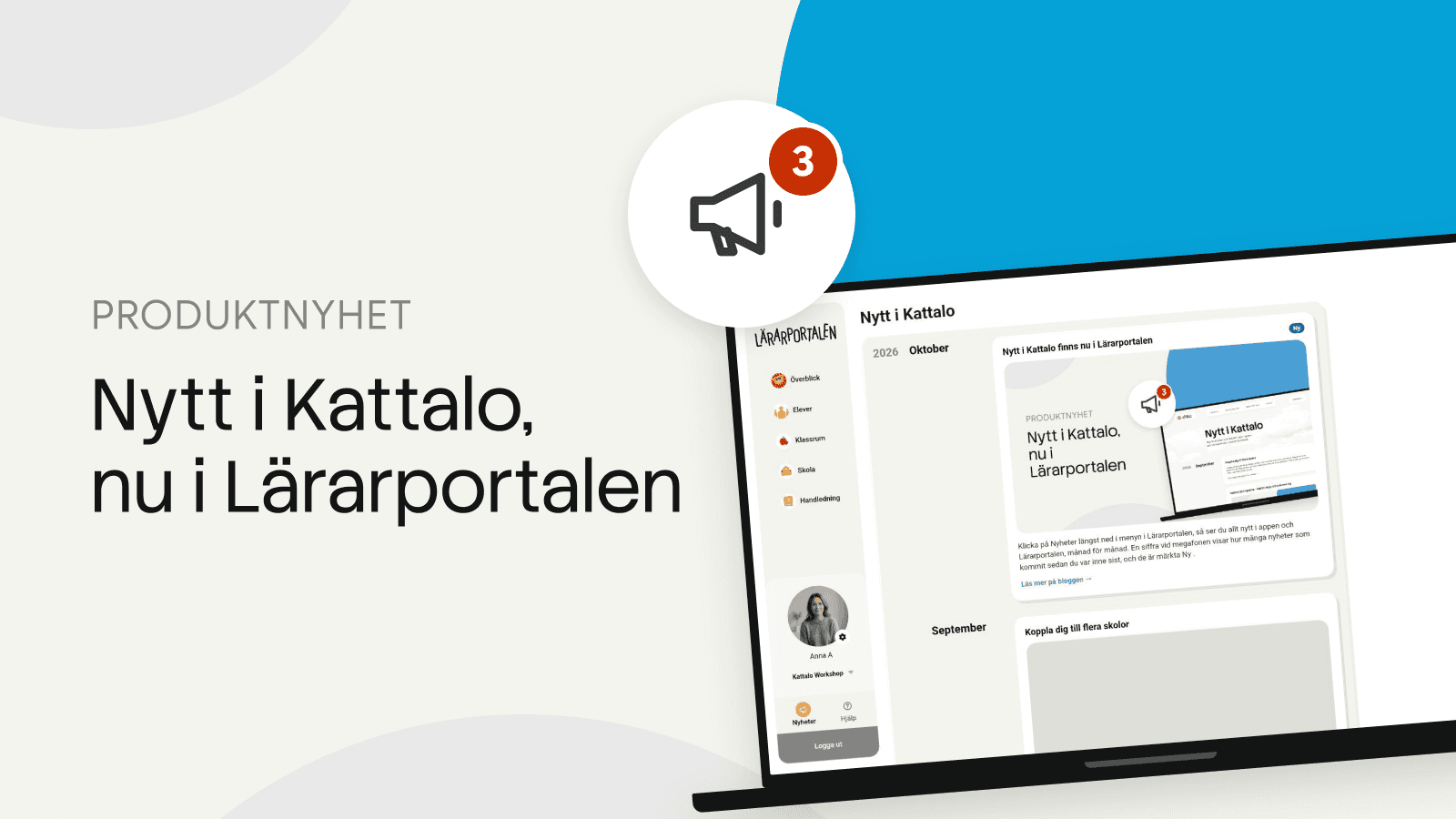 Megafon med en röd trea framför Lärarportalens nyhetssida