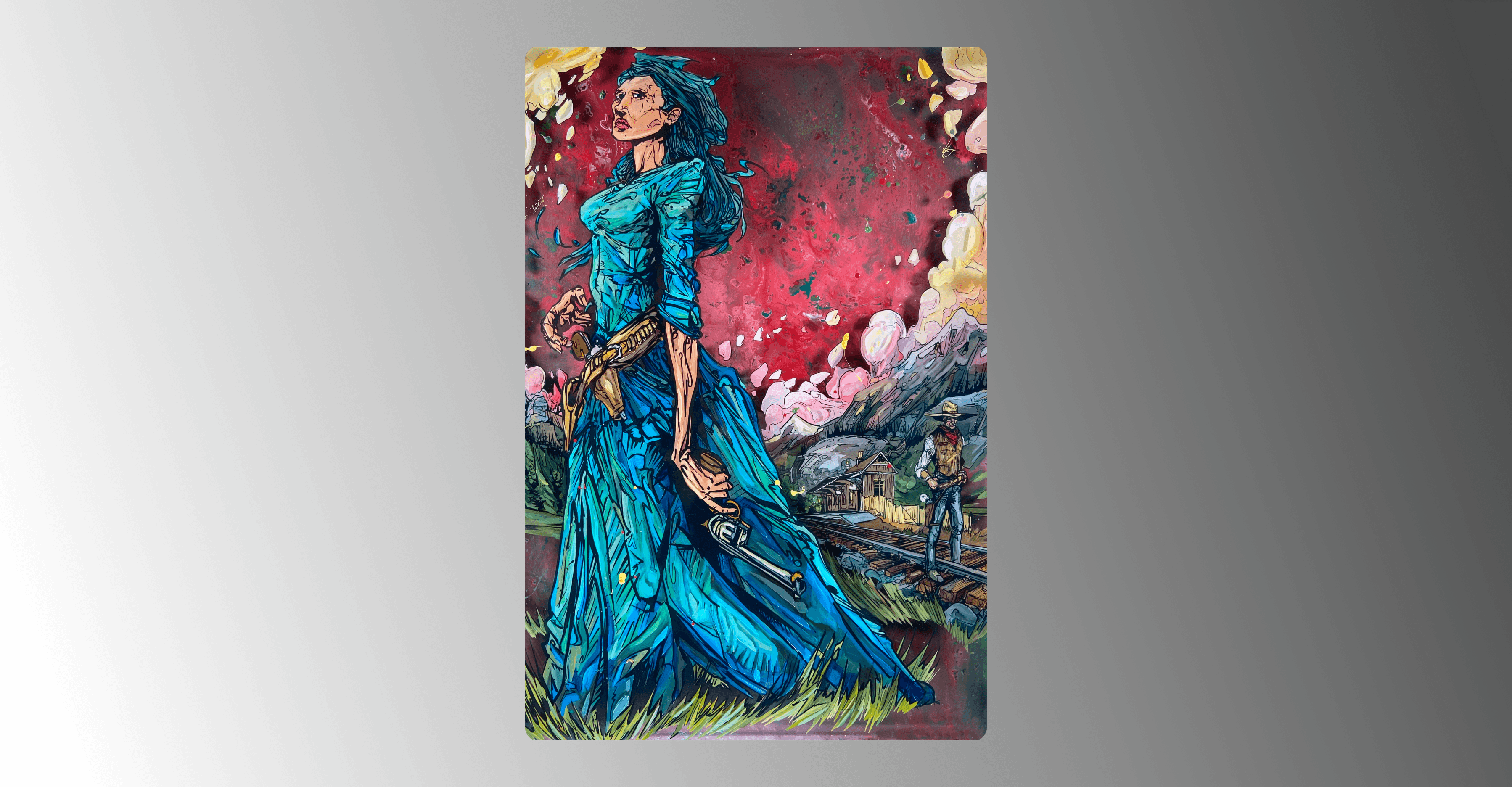 The painting "waiting on what's coming" where a woman with blue hair and a trailing blue dress holds a pistol down by her waist where she also has a holster lined with bullets. In the background on the right is a man standing on train tracks in front of a train station. The sky is billowy with red, pink, and gold.