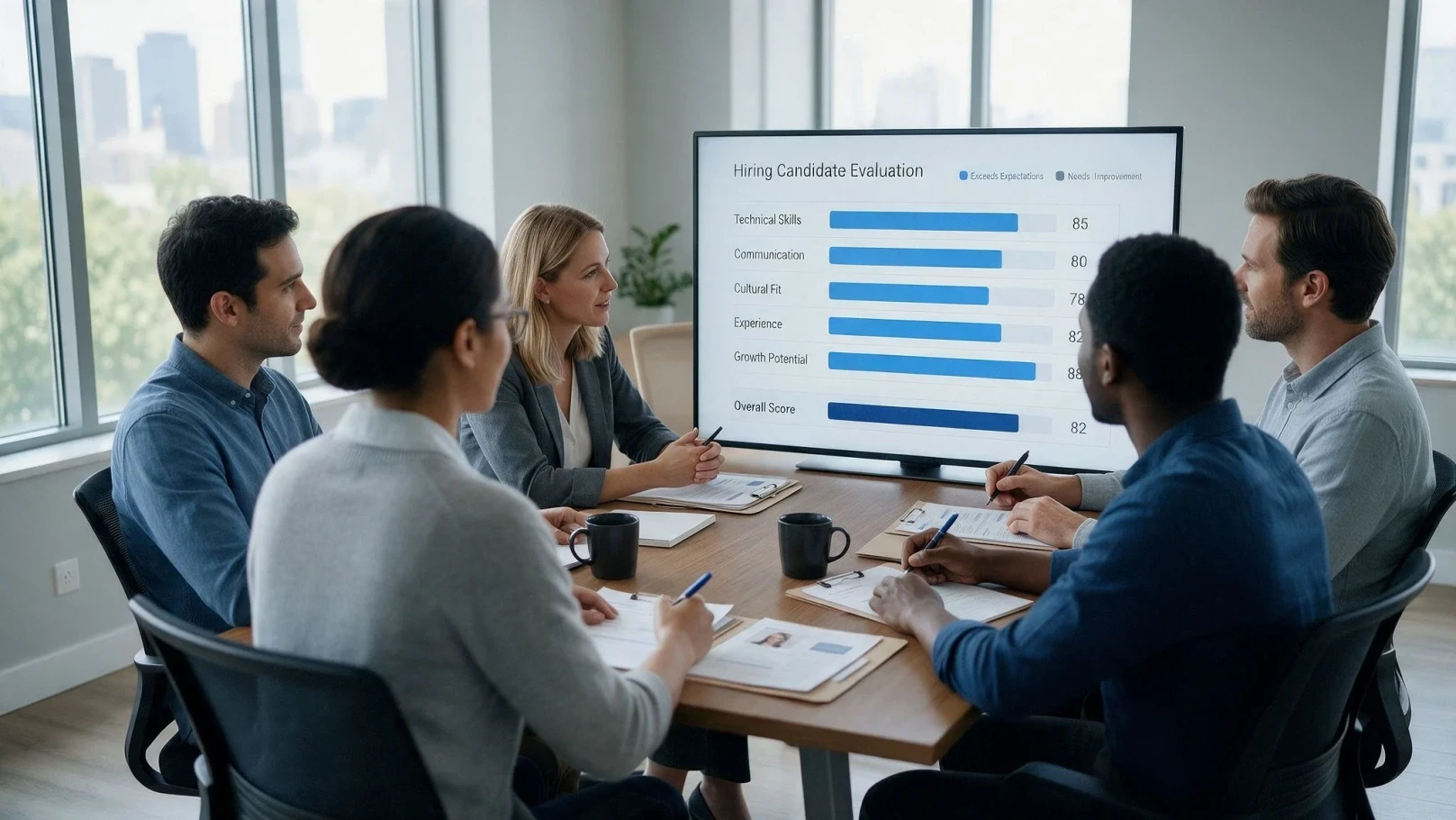 Diverse hiring panel reviewing a structured candidate evaluation dashboard with scored criteria including technical skills, communication, and cultural fit