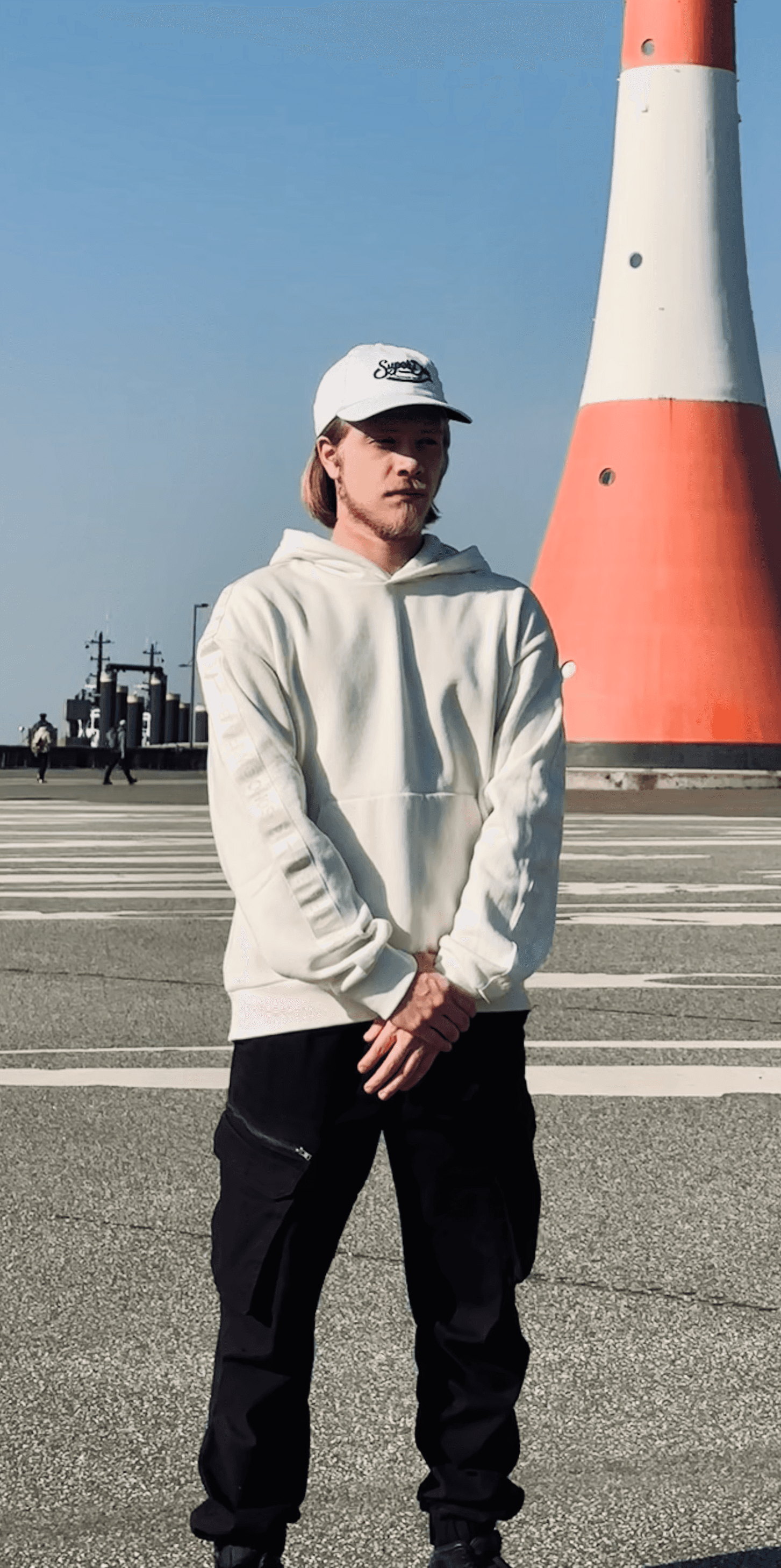 persona portrait image man with orange background and person's image on top