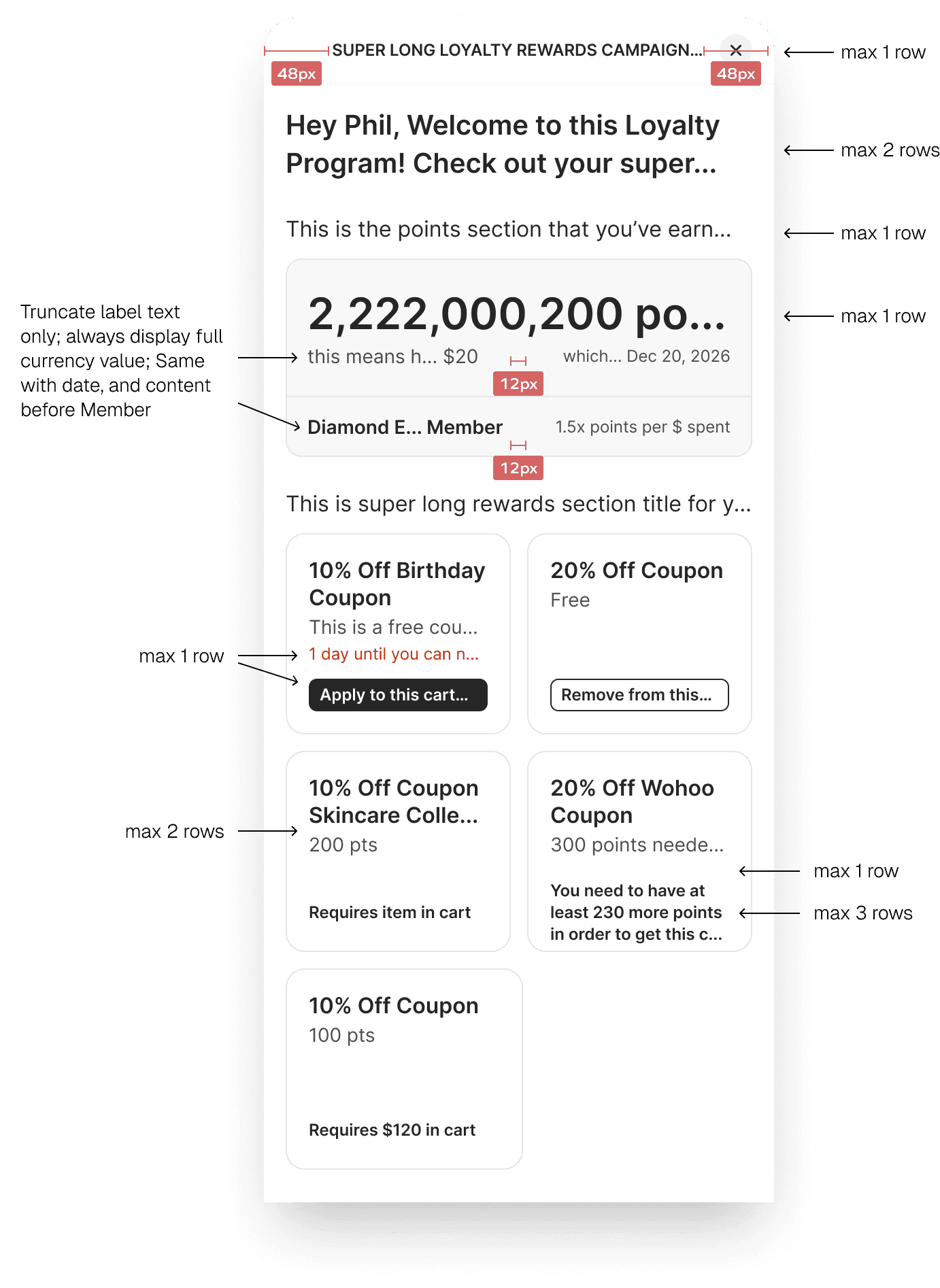 Anotated mobile screen of the loyalty widget showing Text truncation behaviour