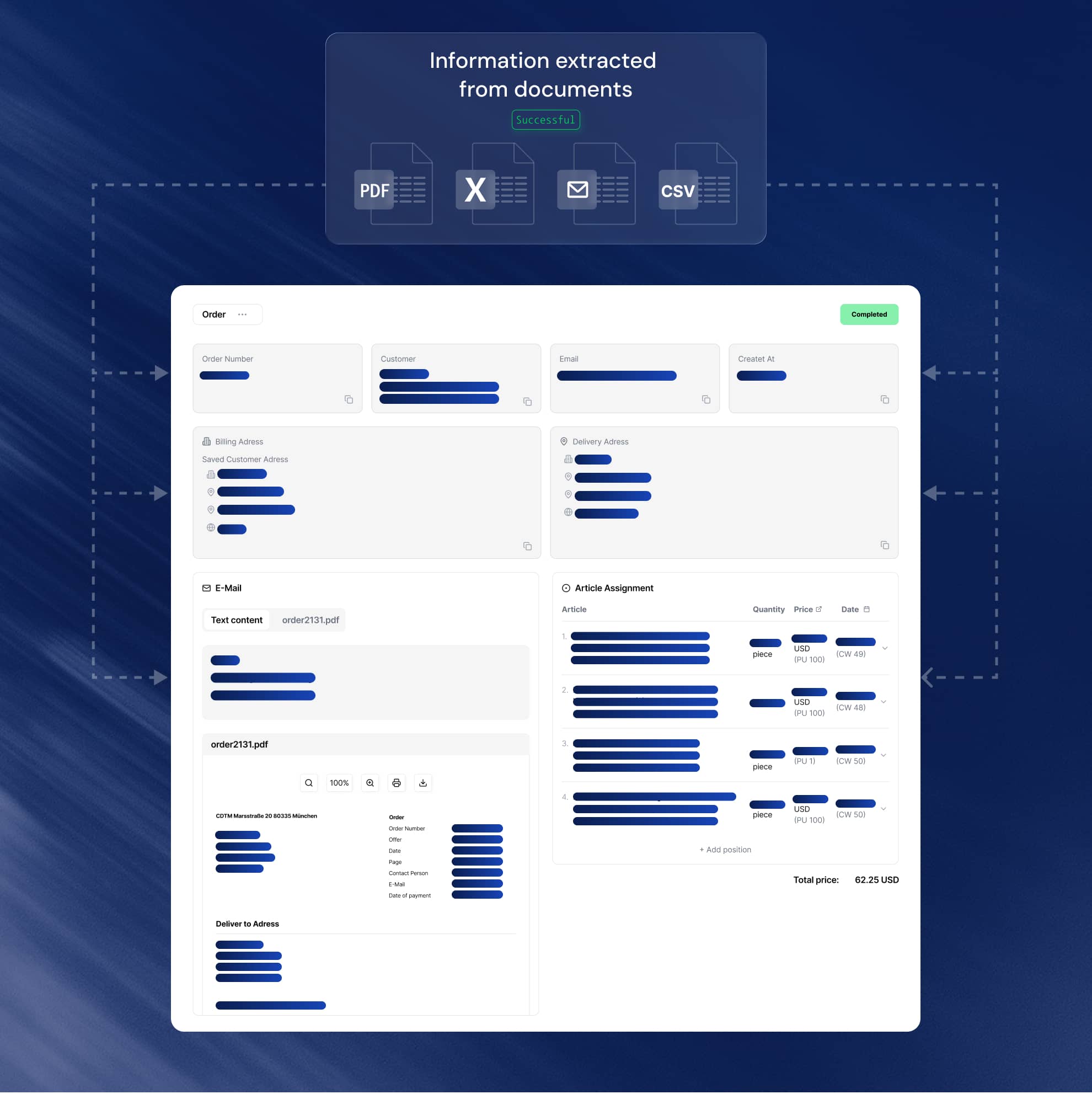Comena extracts information from PDF, Excel, email, and CSV documents and automatically transfers it into a structured order overview.
