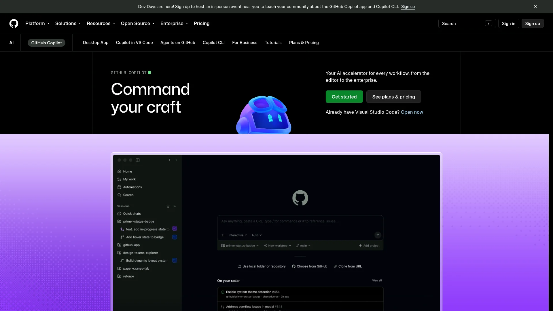 GitHub Copilot plans and features page