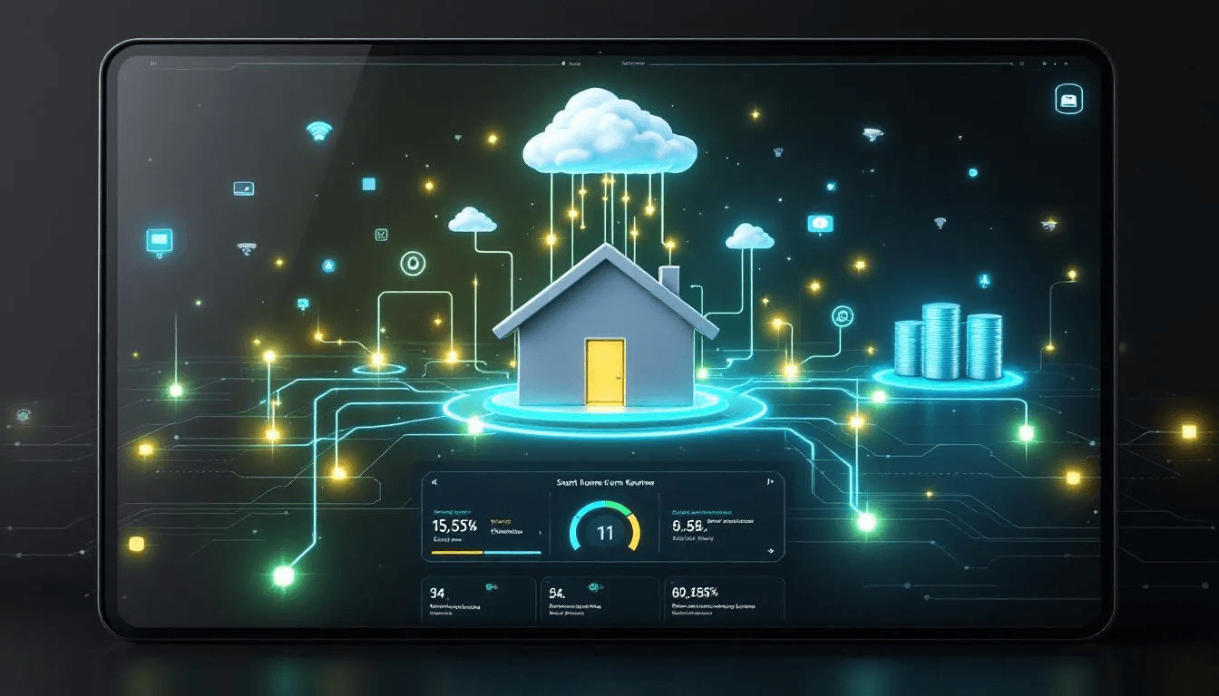 The image depicts an advanced smart home interface, showcasing cloud connectivity and data processing visualizations, illustrating how smart home technology integrates various smart devices like thermostats, lights, and security systems for seamless control and automation. The interface emphasizes the efficiency of smart home systems in managing household devices through voice commands and remote access.