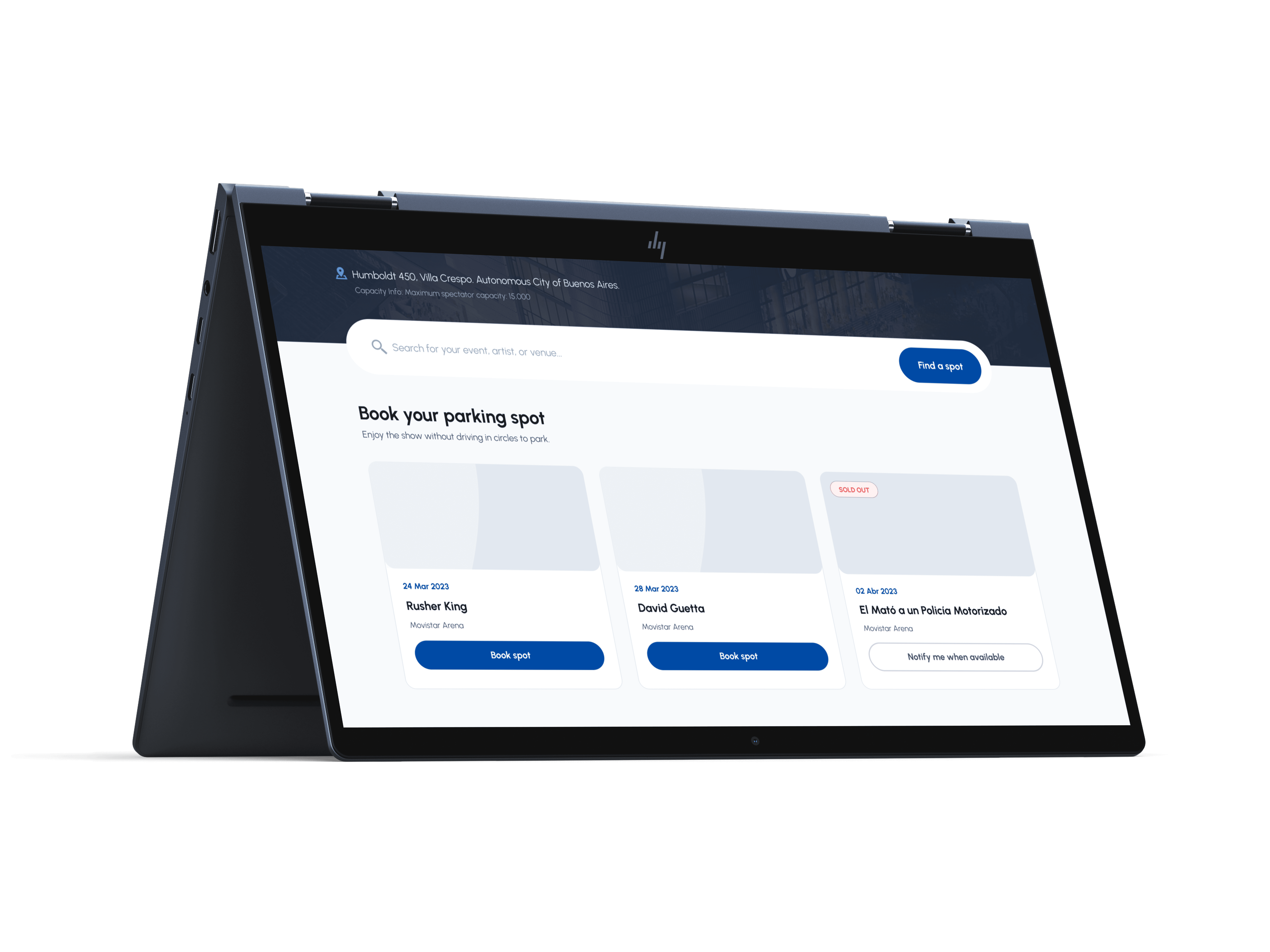 Seeker Parking app interface for booking event parking spots