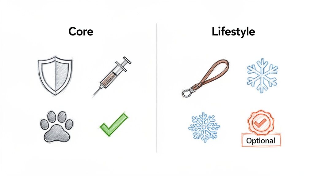 Icons comparing core pet care essentials like vaccinations and protection with lifestyle-based options such as leashes and seasonal needs.