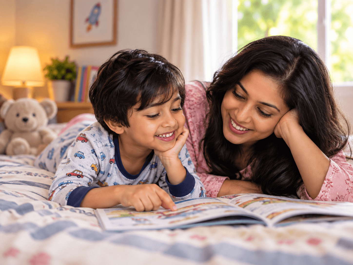 Boy reading with his mother