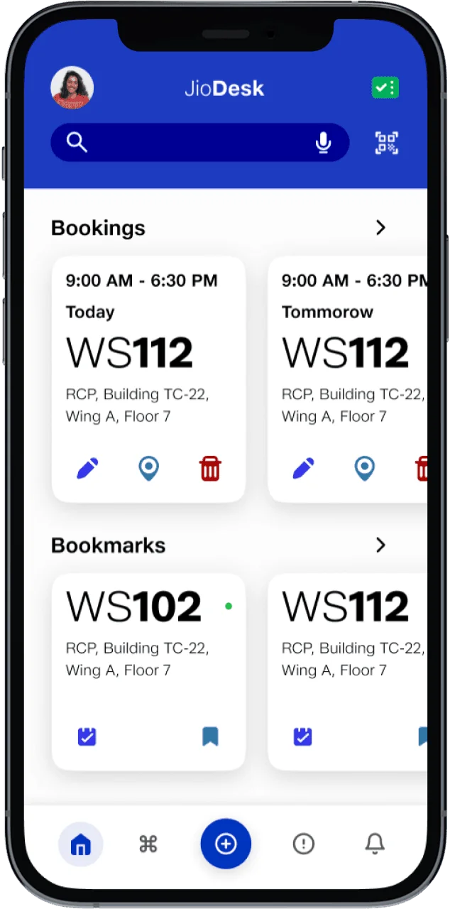 JioDesk desk booking interface on an iPhone