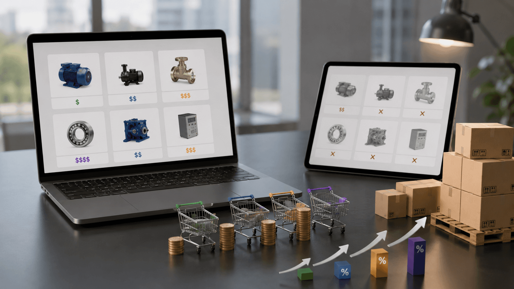 Ilustração 3D realista de um ambiente moderno de ecommerce B2B com notebook e tablet exibindo catálogos de produtos com preços diferentes para cada cliente. Na mesa há carrinhos de compra, moedas, caixas de envio e indicadores visuais de crescimento, representando personalização de preços, gestão comercial e aumento de ticket médio em vendas B2B.
