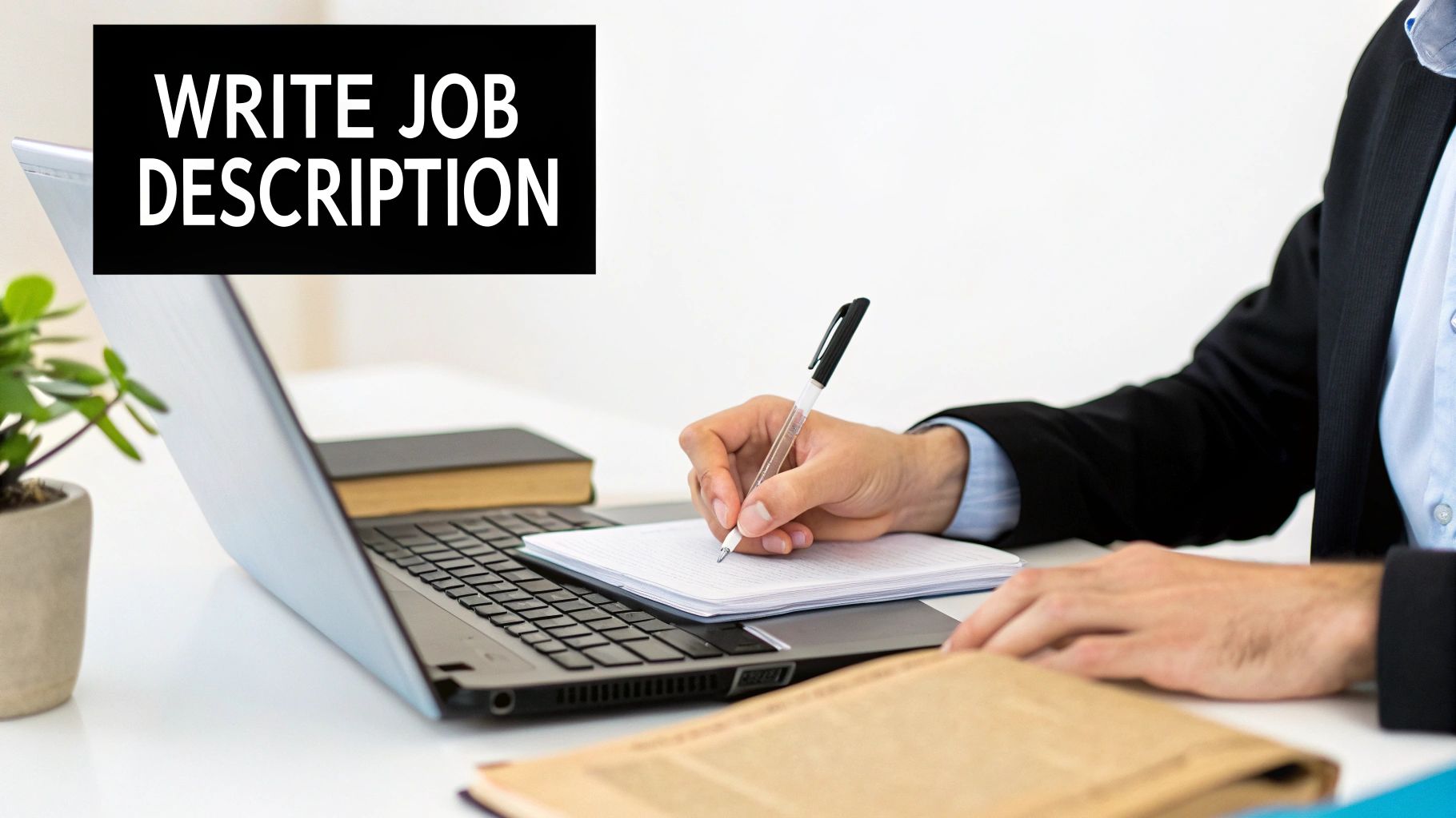 Woman working on a laptop, crafting a job description.