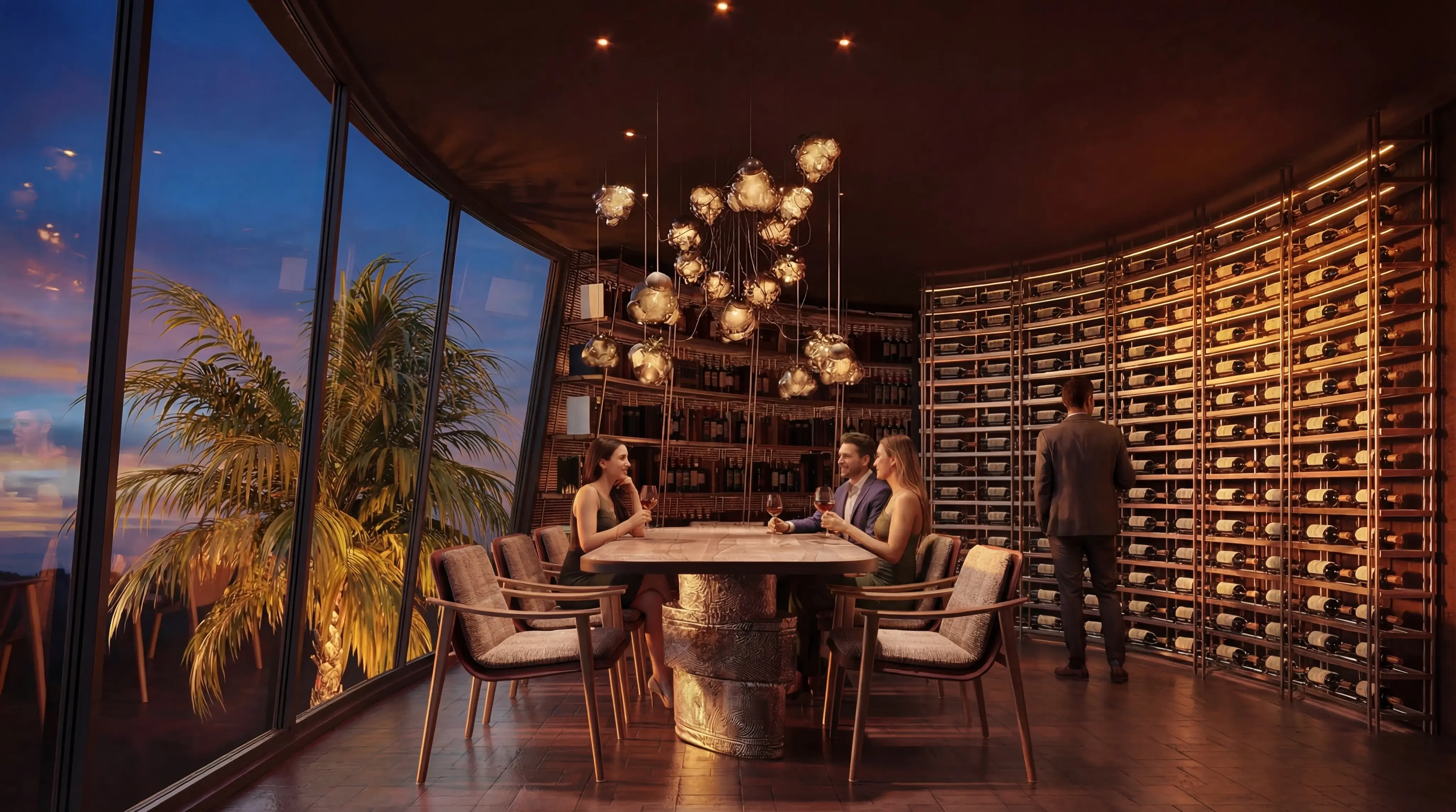 Guests tasting wine beside illuminated bottle racks and floor-to-ceiling windows at La Tour.