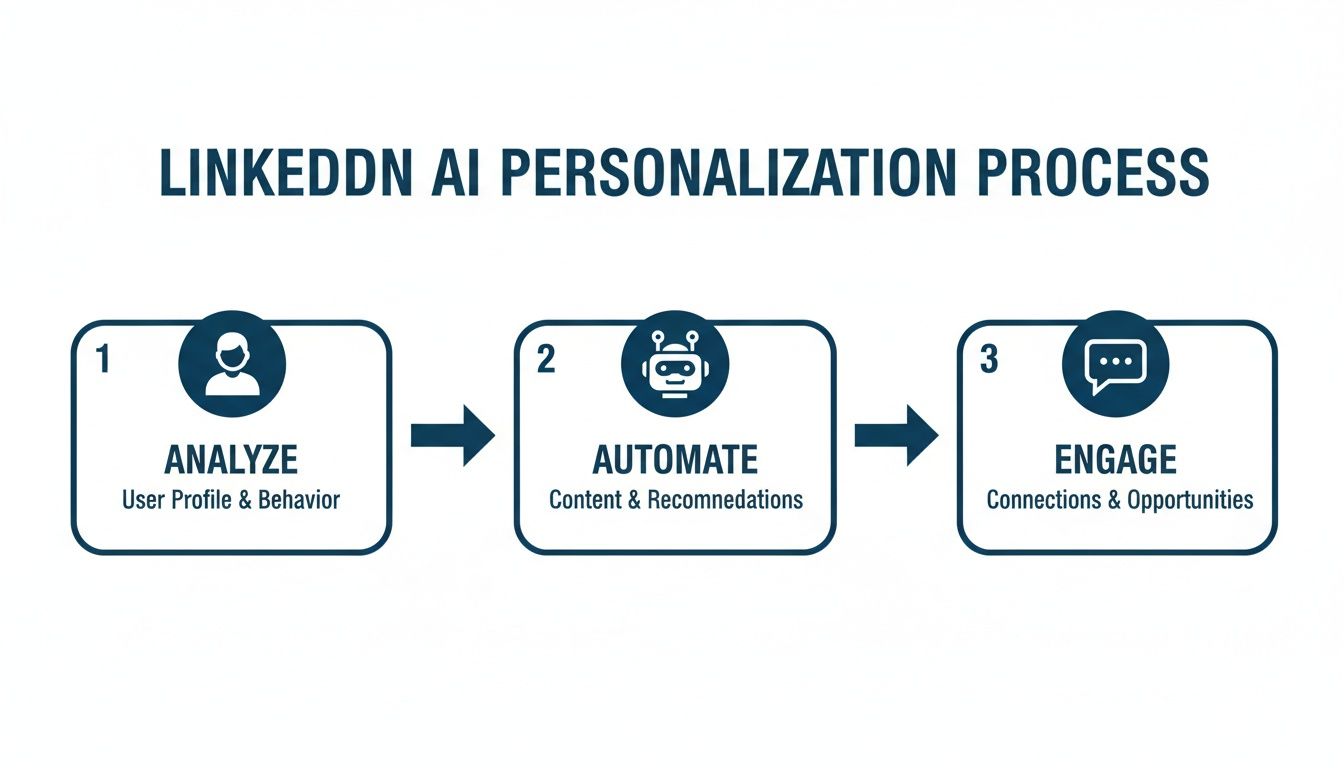LinkedIn AI personalization process diagram: Analyze user data, automate content recommendations, and engage opportunities.