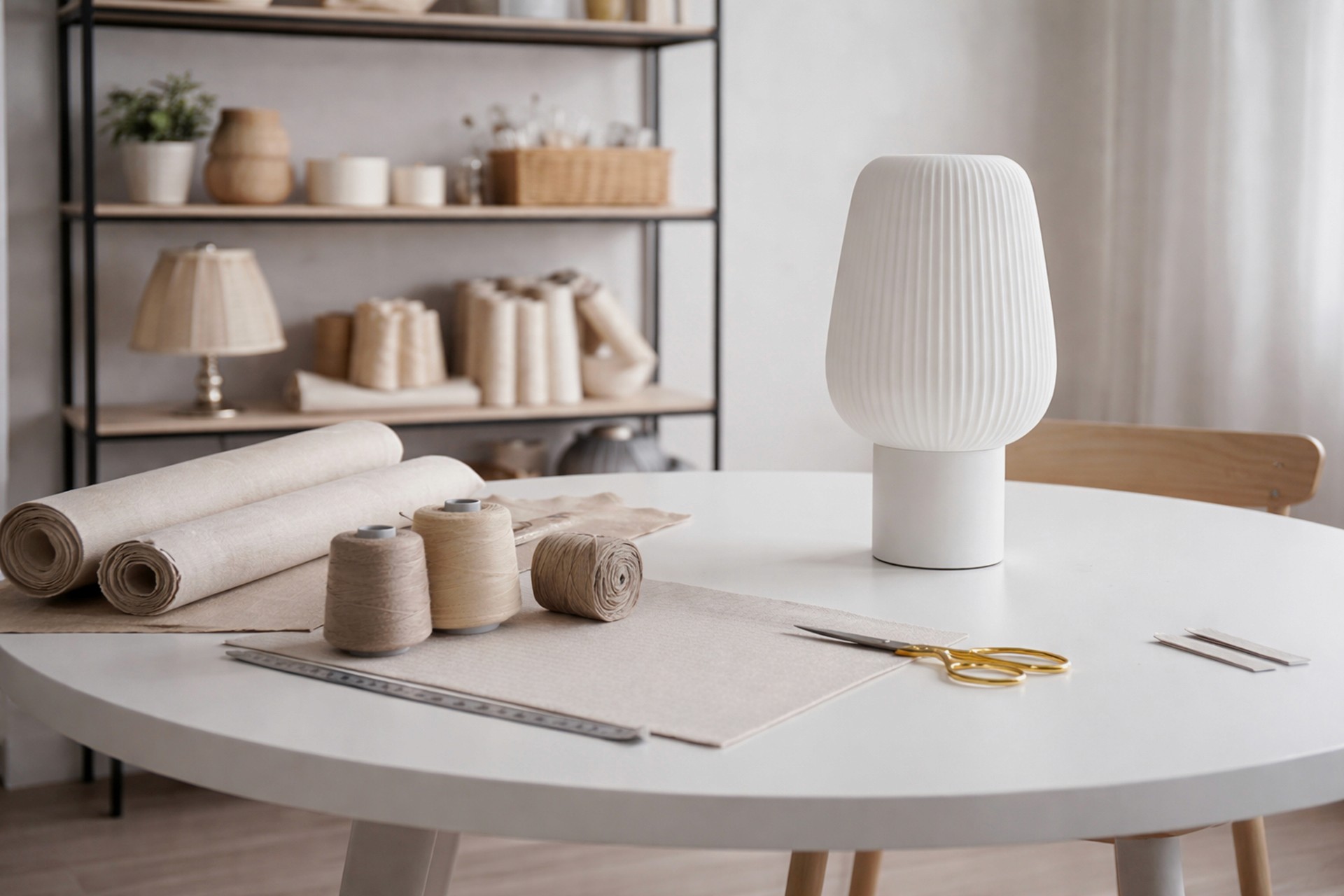 A finished white pleated table lamp sits on a clean white table surrounded by rolls of linen, spools of thread, and gold scissors.