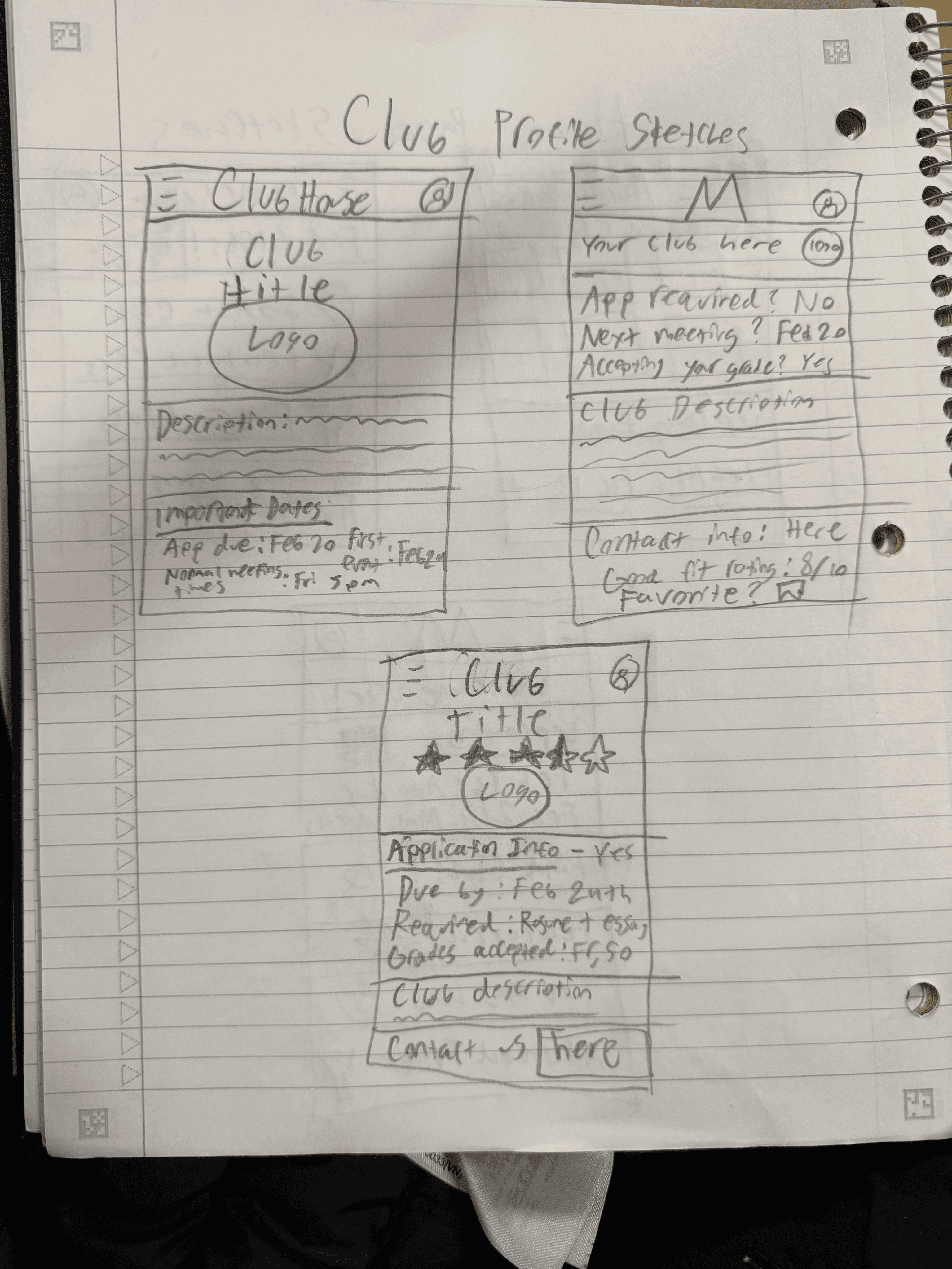 A third sketch page of potential screens for ClubHouse