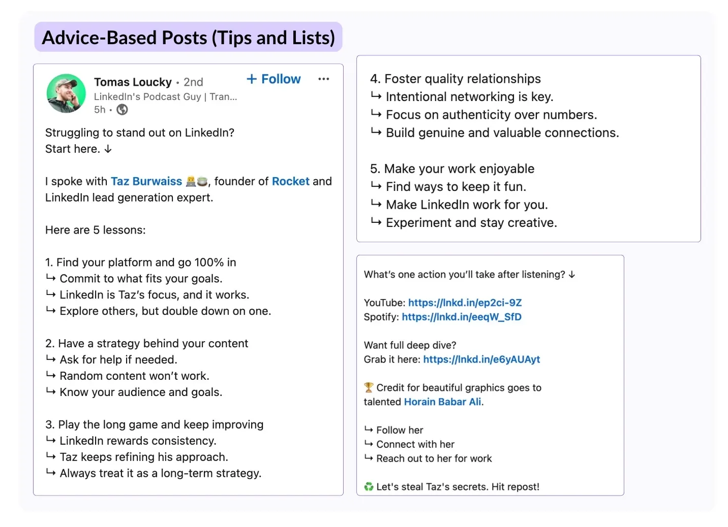 An example of an advice-based post on LinkedIn by Tomas Loucky, where he covers how to stand out on LinkedIn