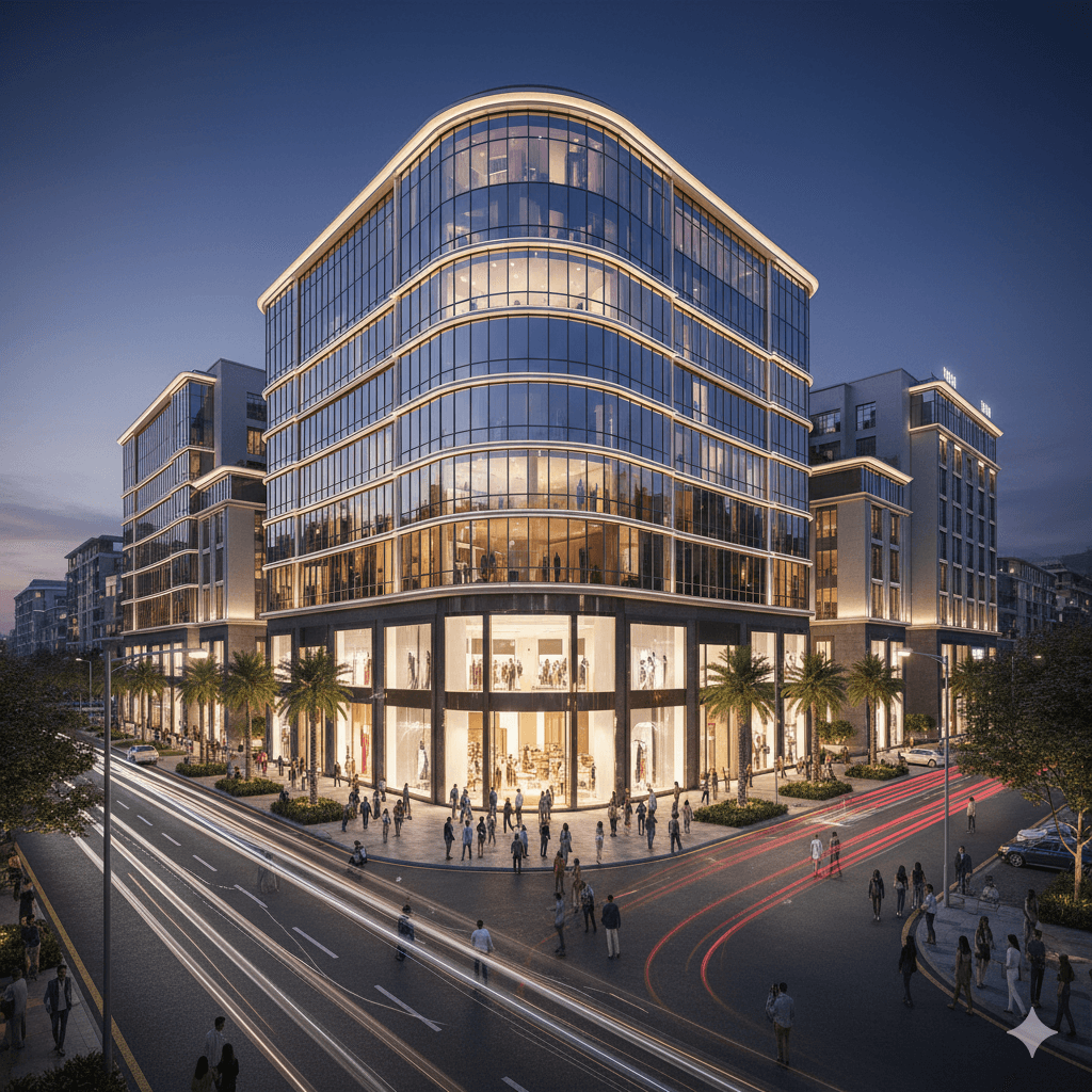 M3M MG Road Gurugram glass facade night view retail exterior