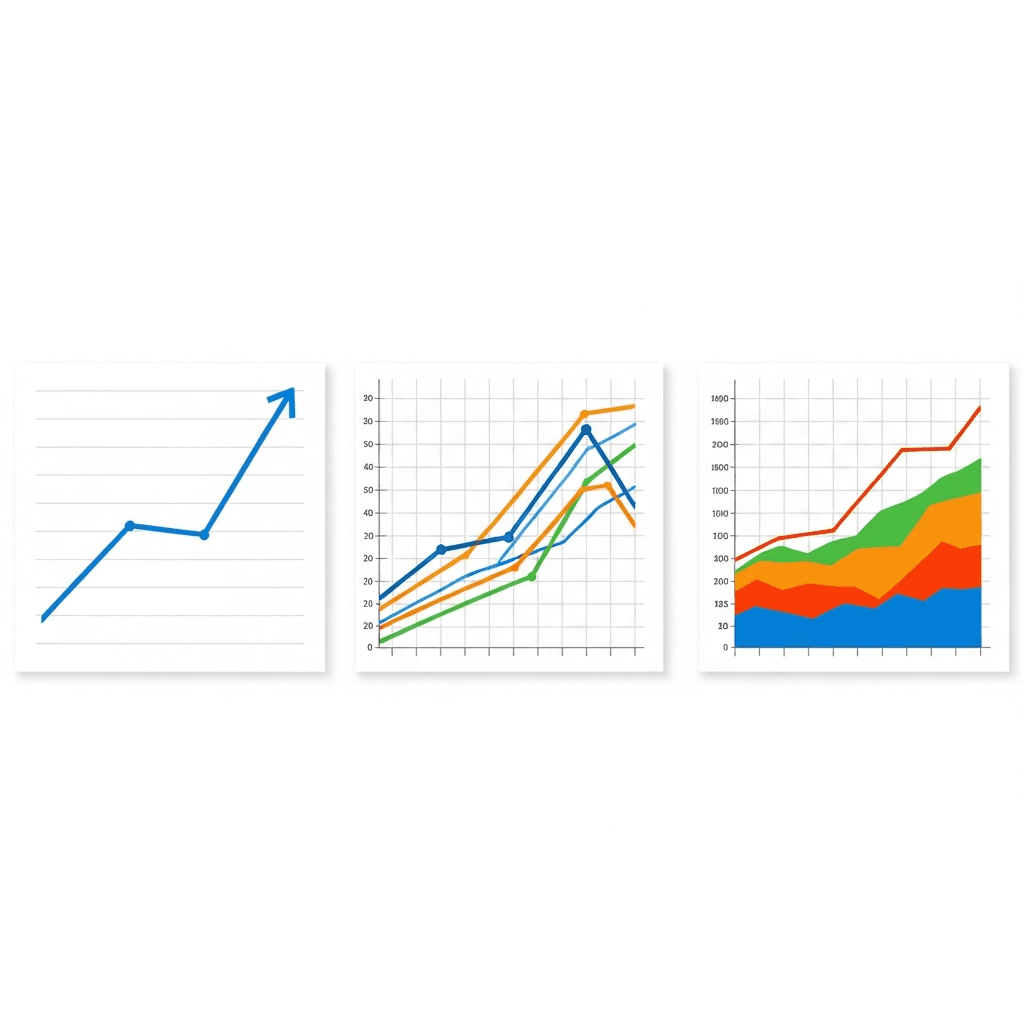 Three side-by-side line graph examples showing different types: first panel shows a single blue line trending upward (simple line graph), second panel shows three overlapping colored lines in blue, orange, and green on the same grid (multiple line graph), third panel shows stacked colored areas with lines on top showing cumulative values (compound/stacked line graph). Clean, modern business analytics style with grid backgrounds, professional color palette, minimalist design. No text, labels, or words.