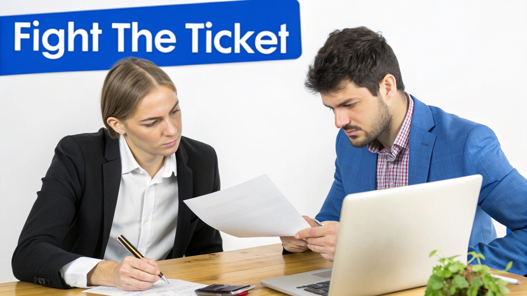 Two professionals reviewing documents at a desk, with a 'Fight The Ticket' sign in the background.