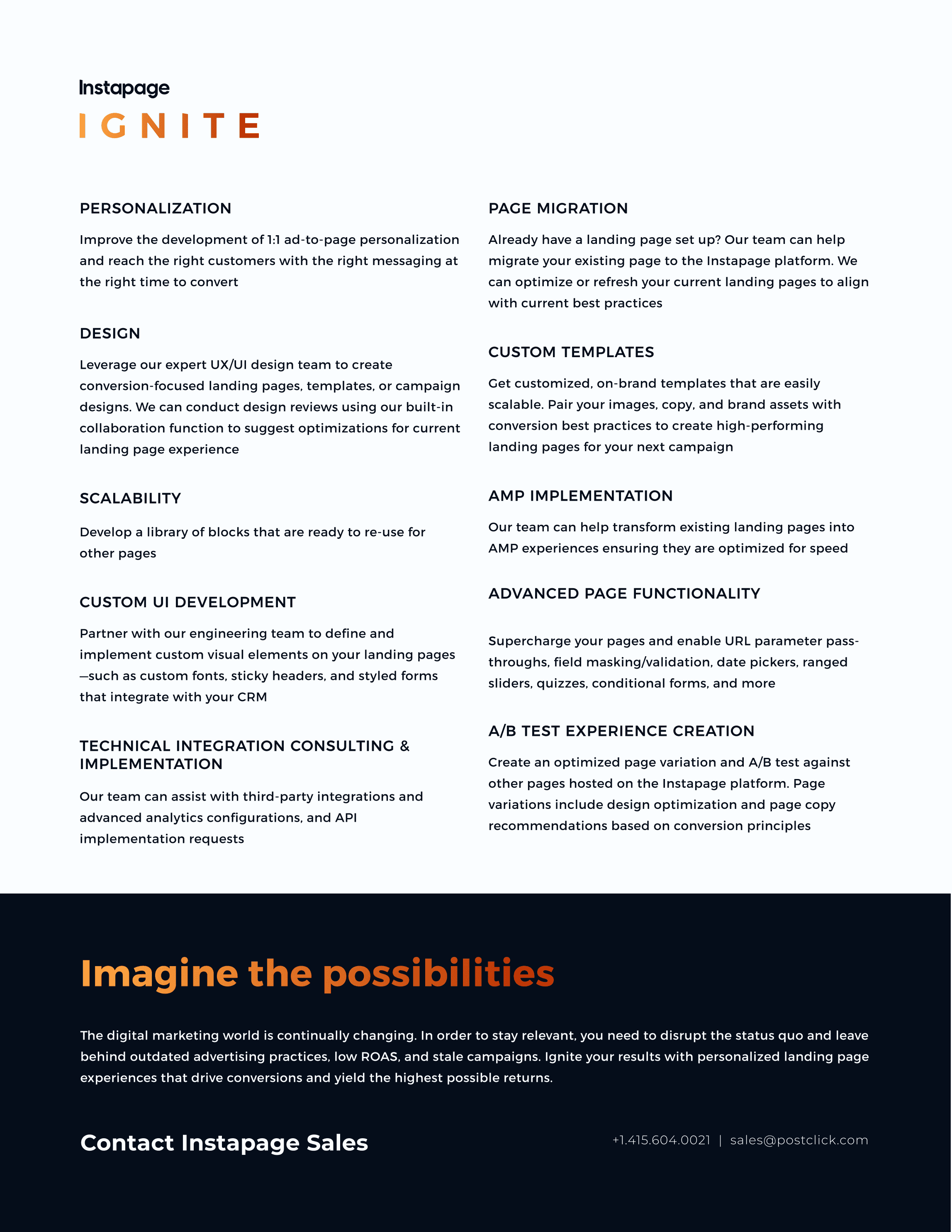 one-pager branded layout design features upsell of B2B tech enterprise offering highlighting personalization, scalability, custom templates, and page migration and functionality