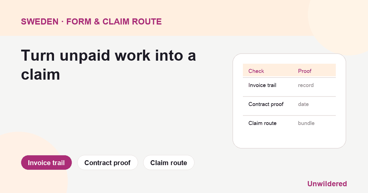 Process diagram for Sweden Freelancer Client Non Payment: Invoice trail, Contract proof, Claim route.