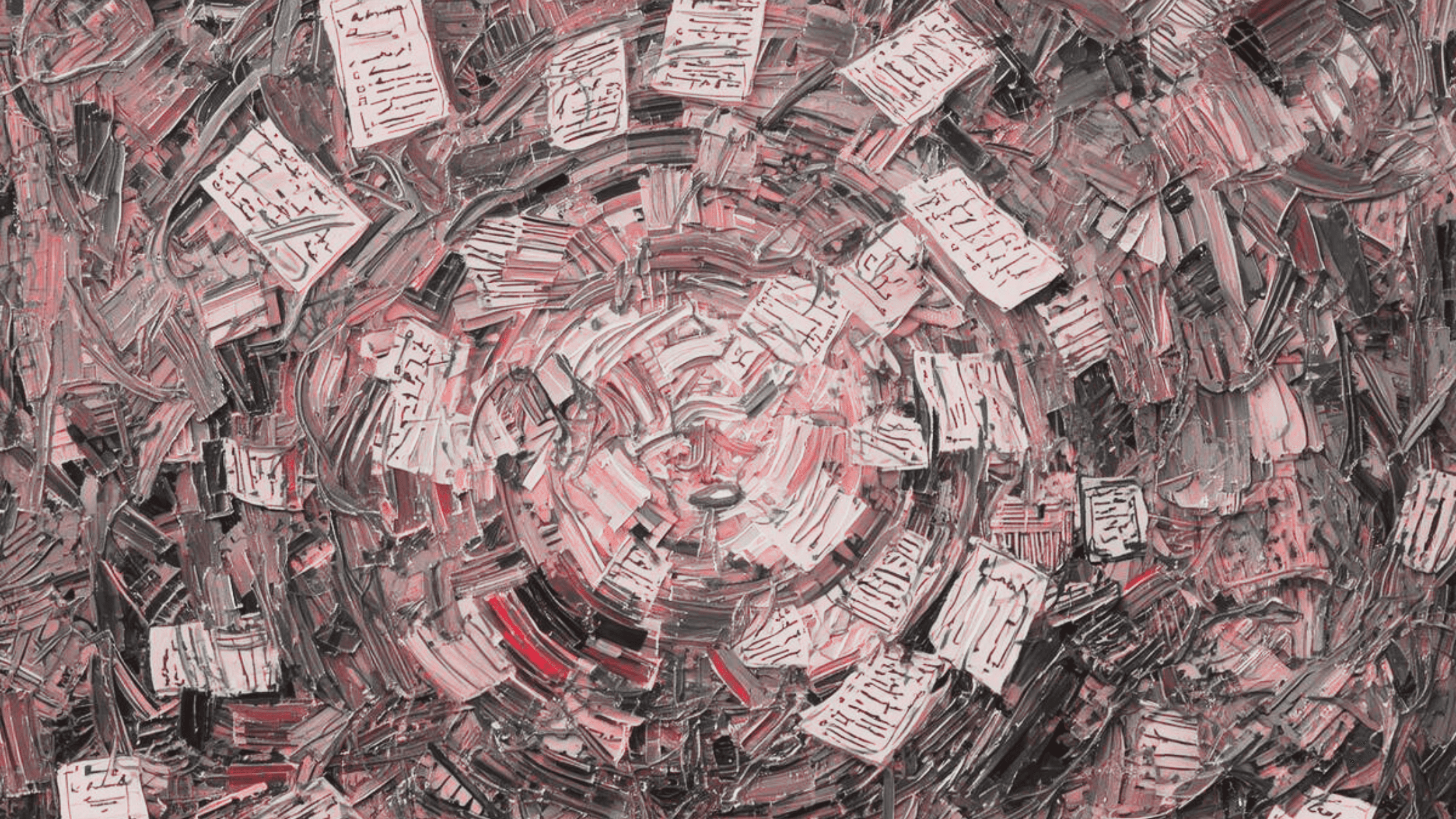 Wirbelnde Dokumentenstapel – sie symbolisieren die wachsende Arbeitsbelastung trotz Automatisierung durch KI