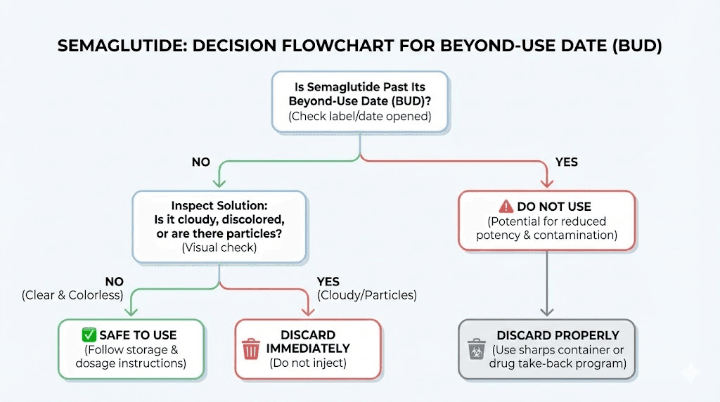 Semaglutide expiration decision flowchart past 28-day beyond-use date