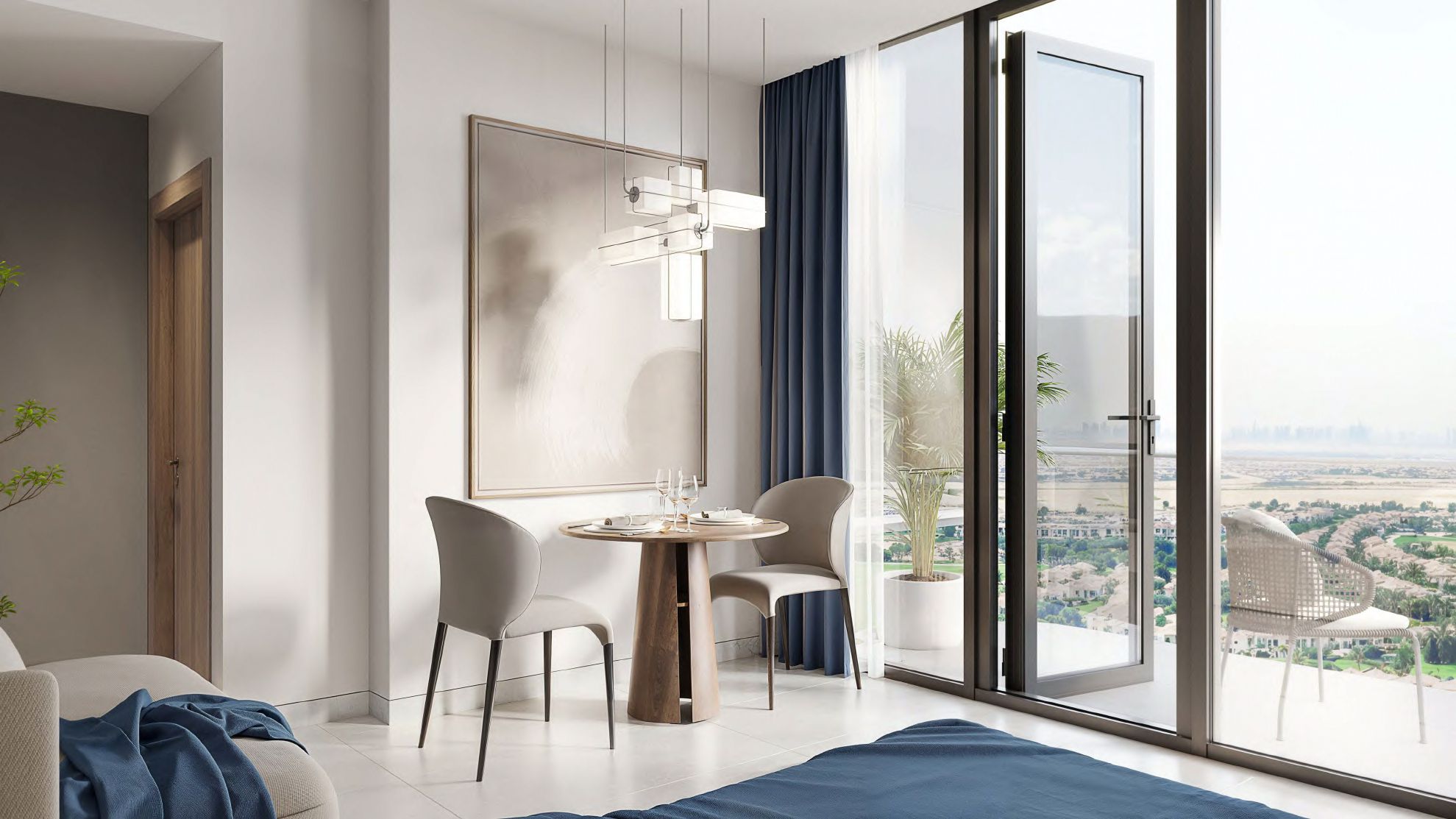 Bright dining nook in Tetr1s Tower with access to a scenic private terrace.