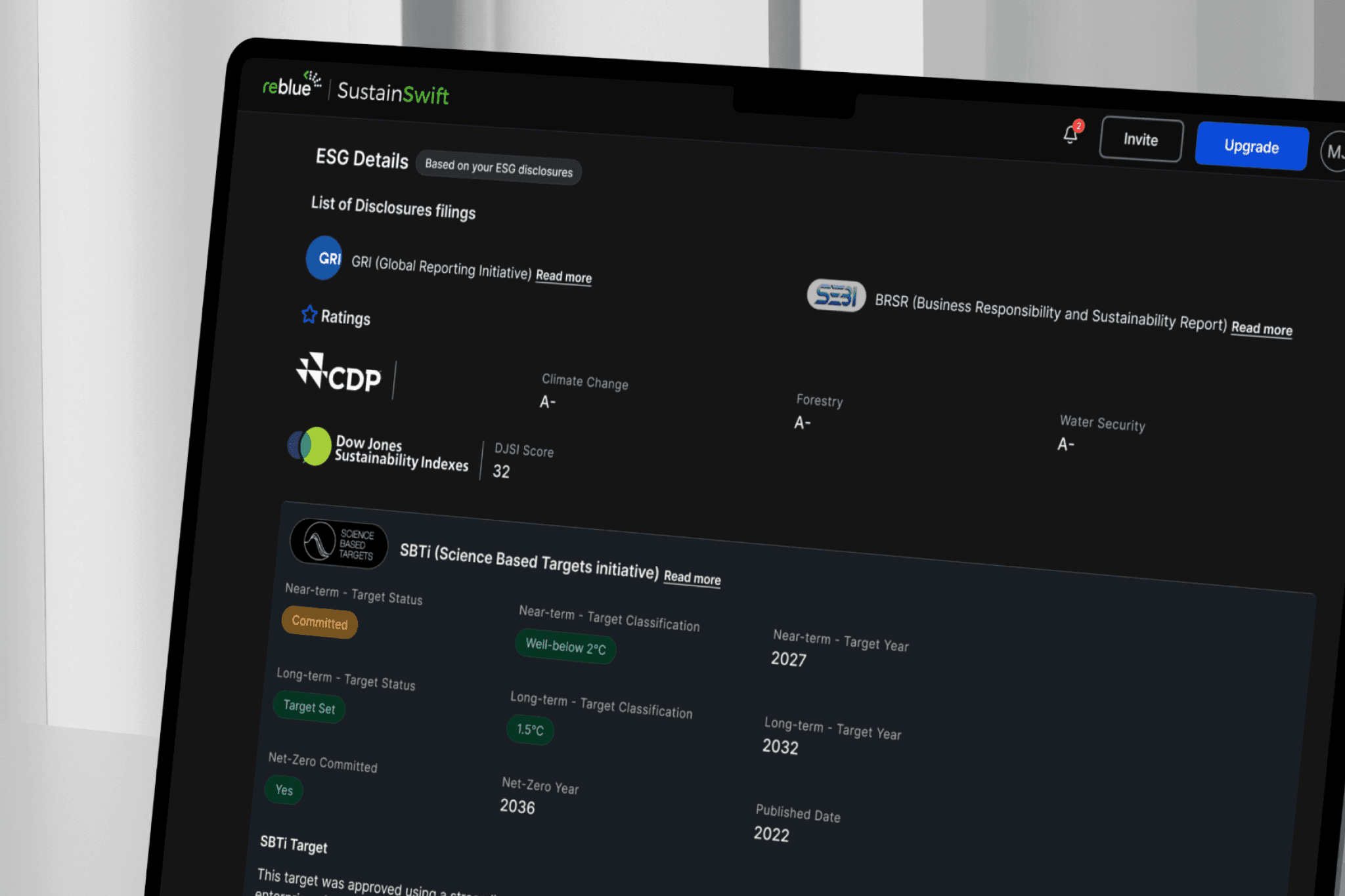 A laptop screen showing the Reblue SustainSwift application displaying an organisation’s commitments related to sustainability standards. 