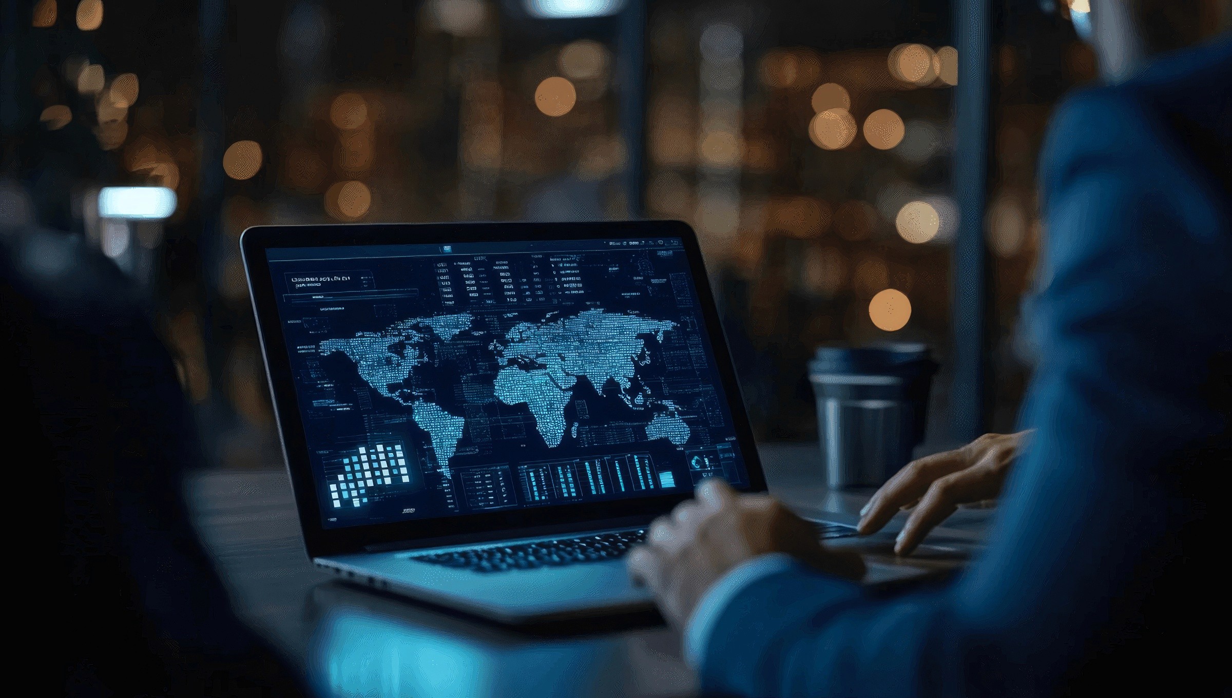 Business people looking at world map on laptop screen. Data analysis and global business.