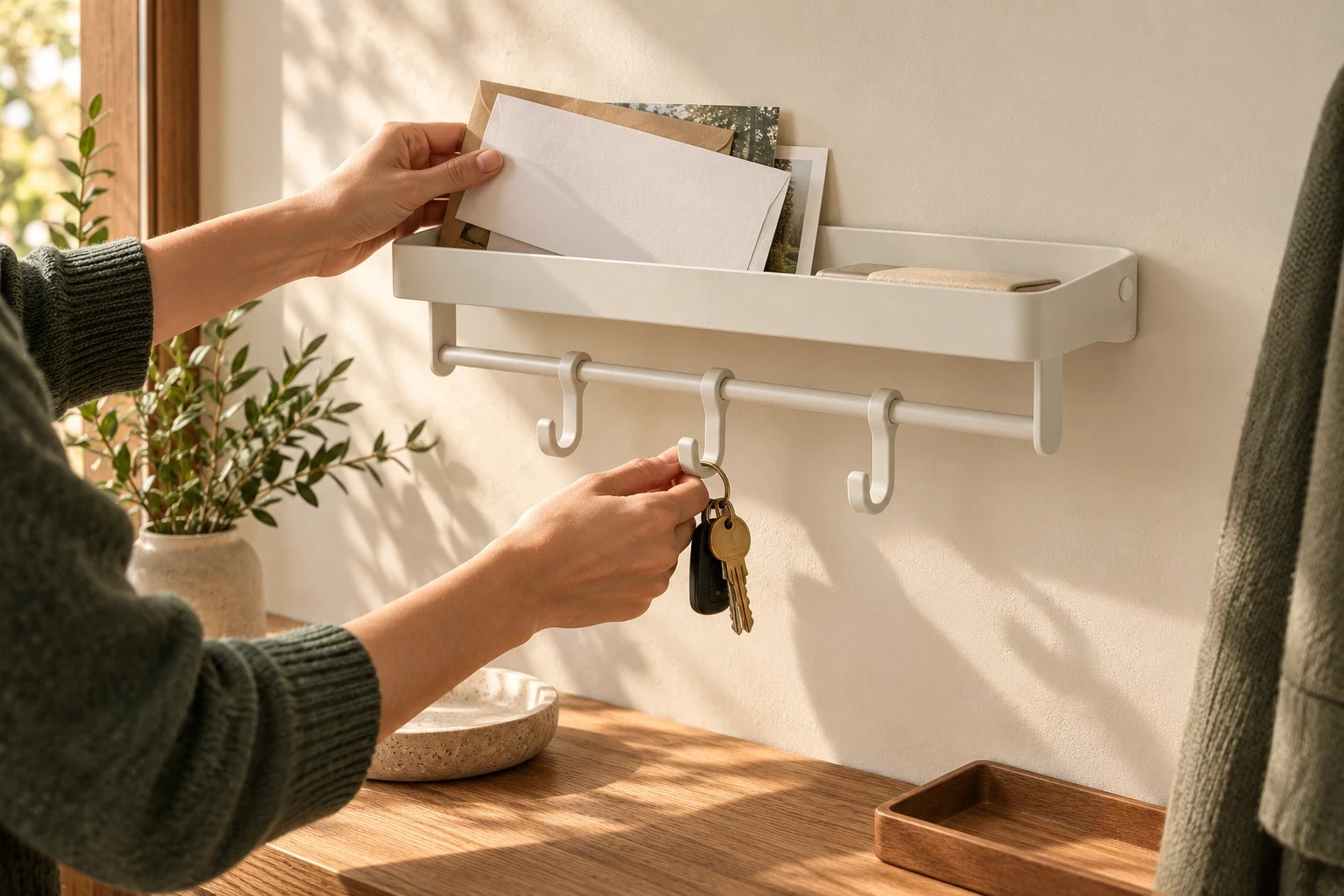 Hands hanging keys and placing mail in an ivory No-Drill Rail above an entryway counter.