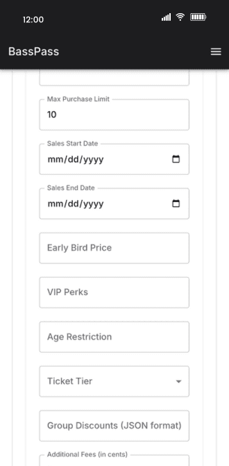 Mockup of BassPass mobile app showing the ticket creation process for event organizers.