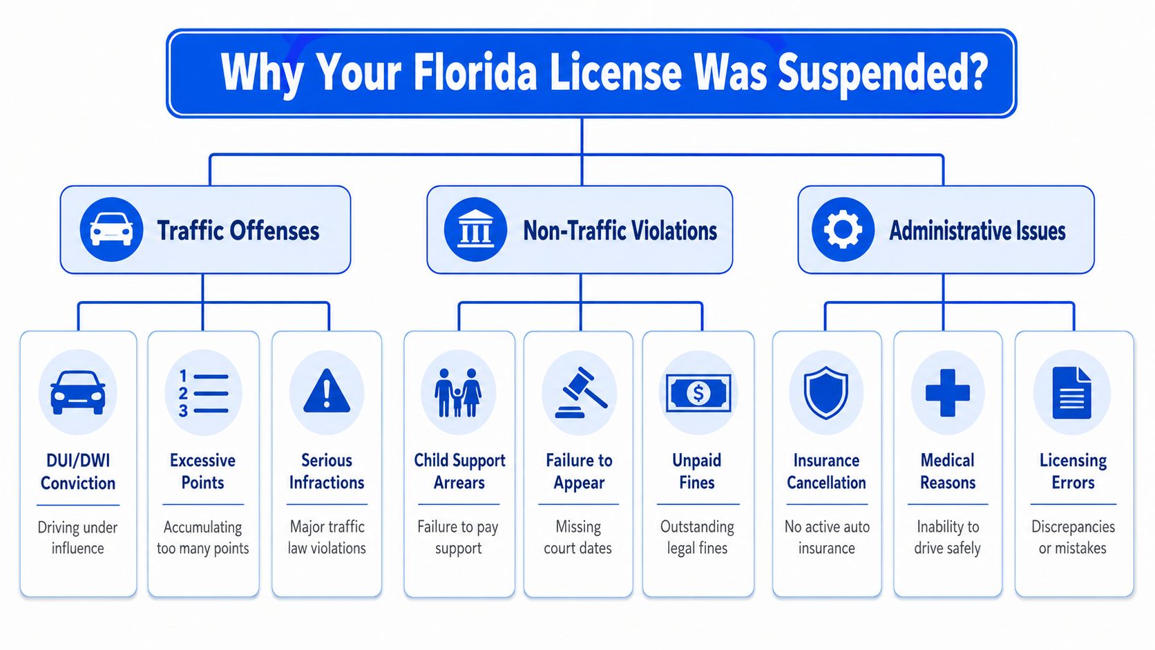 An infographic titled Why Your Florida License Was Suspended detailing traffic, non-traffic, and administrative causes for suspension.