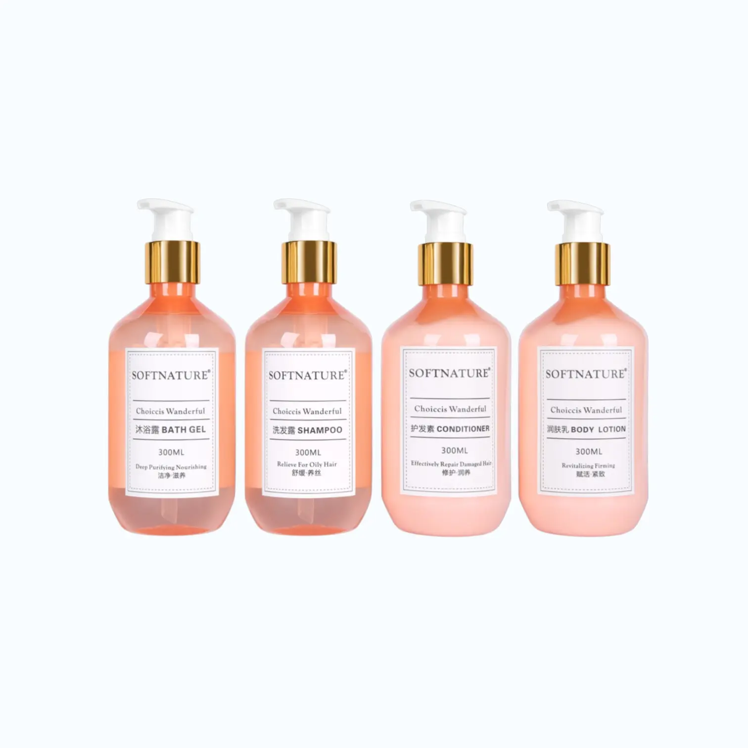 Coordinated hotel amenities set with matching shampoo, body wash, conditioner and body lotion packaging.