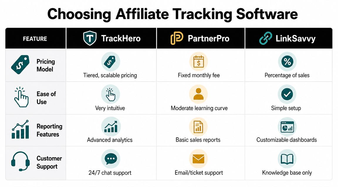 A comparison chart highlighting the key features of TrackHero, PartnerPro, and LinkSavvy affiliate tracking software options.