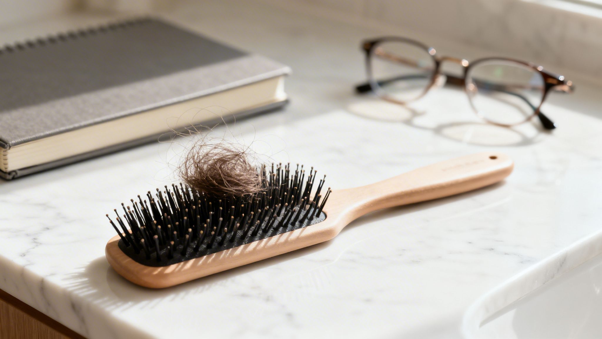 A wooden hairbrush on a white marble countertop with a large clump of brown hair, symbolizing hair loss.